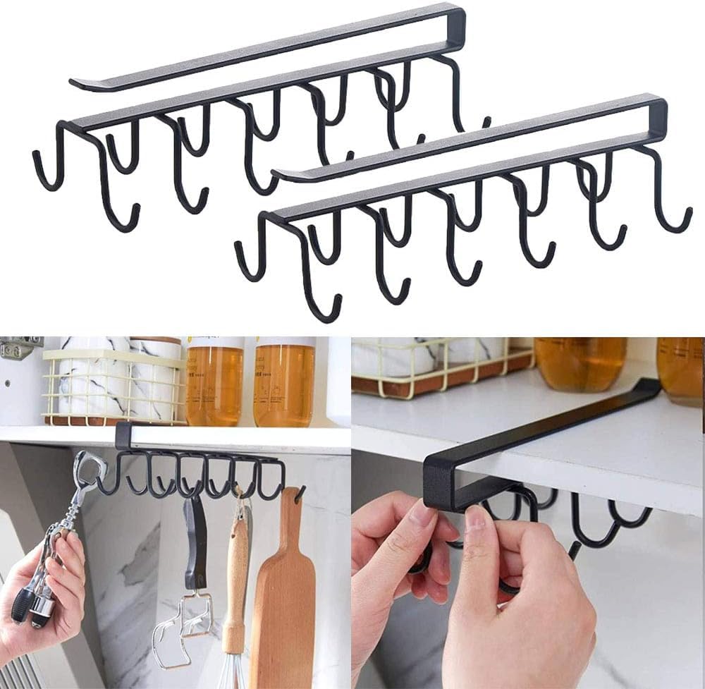 Boniry 12-Hook Double Row Kitchen Organizer - Heavy Duty Metal Hanging Hooks for Coffee Mugs, Tea Cups, Towels & Utensils | Space Saving Storage Solution for Pantry, Office & Home Organization (Perfect for Small Kitchens & Dorm Rooms)