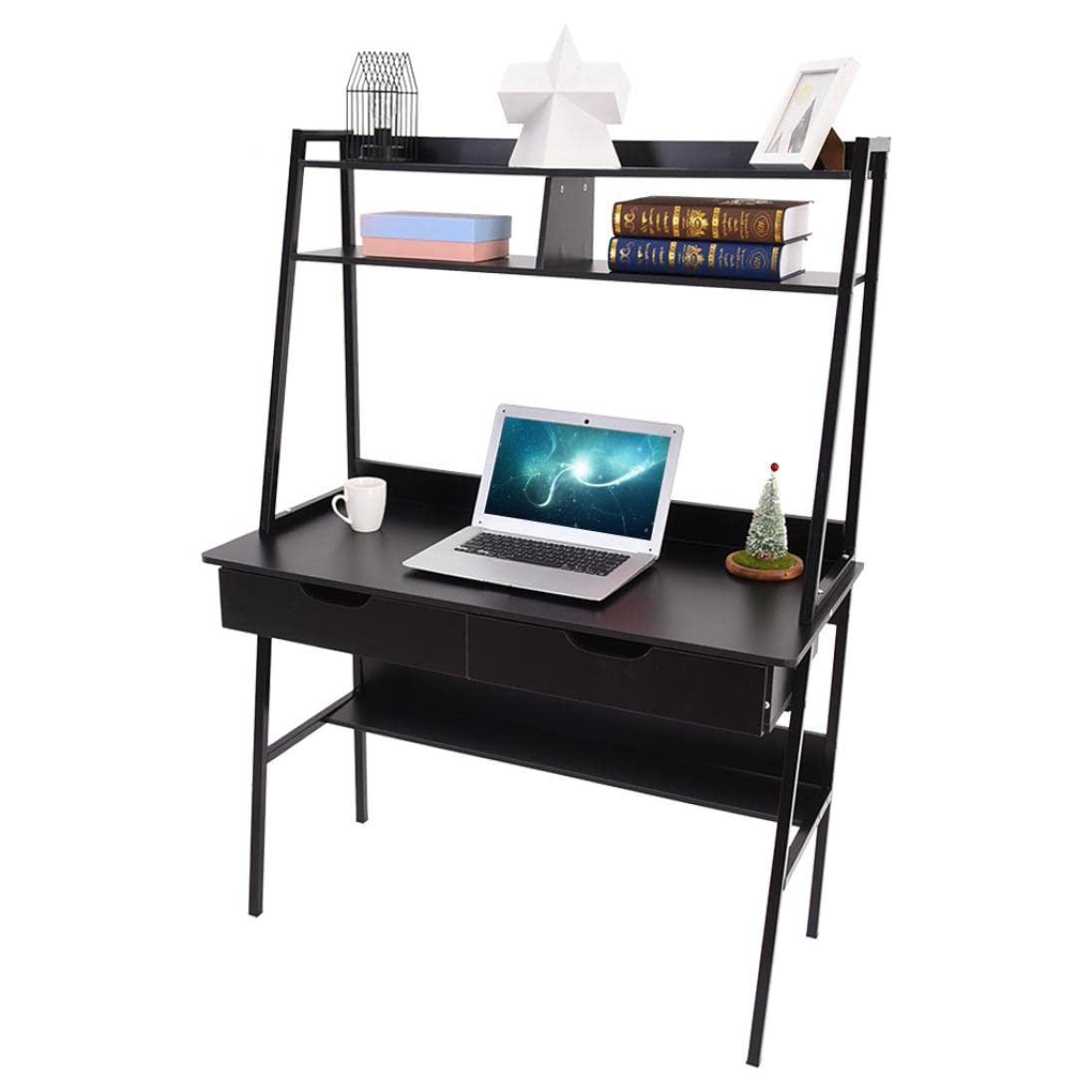 Black Computer Desk with Hutch and Bookshelf - Sturdy Office Desk with Shelves for Home Office, Study, or Girls Bedroom - Black & White Options Available (One Size)