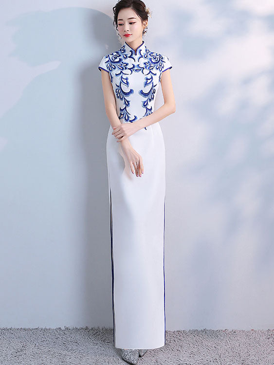 Elegant White Full-Length Qipao Cheongsam Evening Dress with Appliques - Perfect for Weddings, Parties & Special Occasions