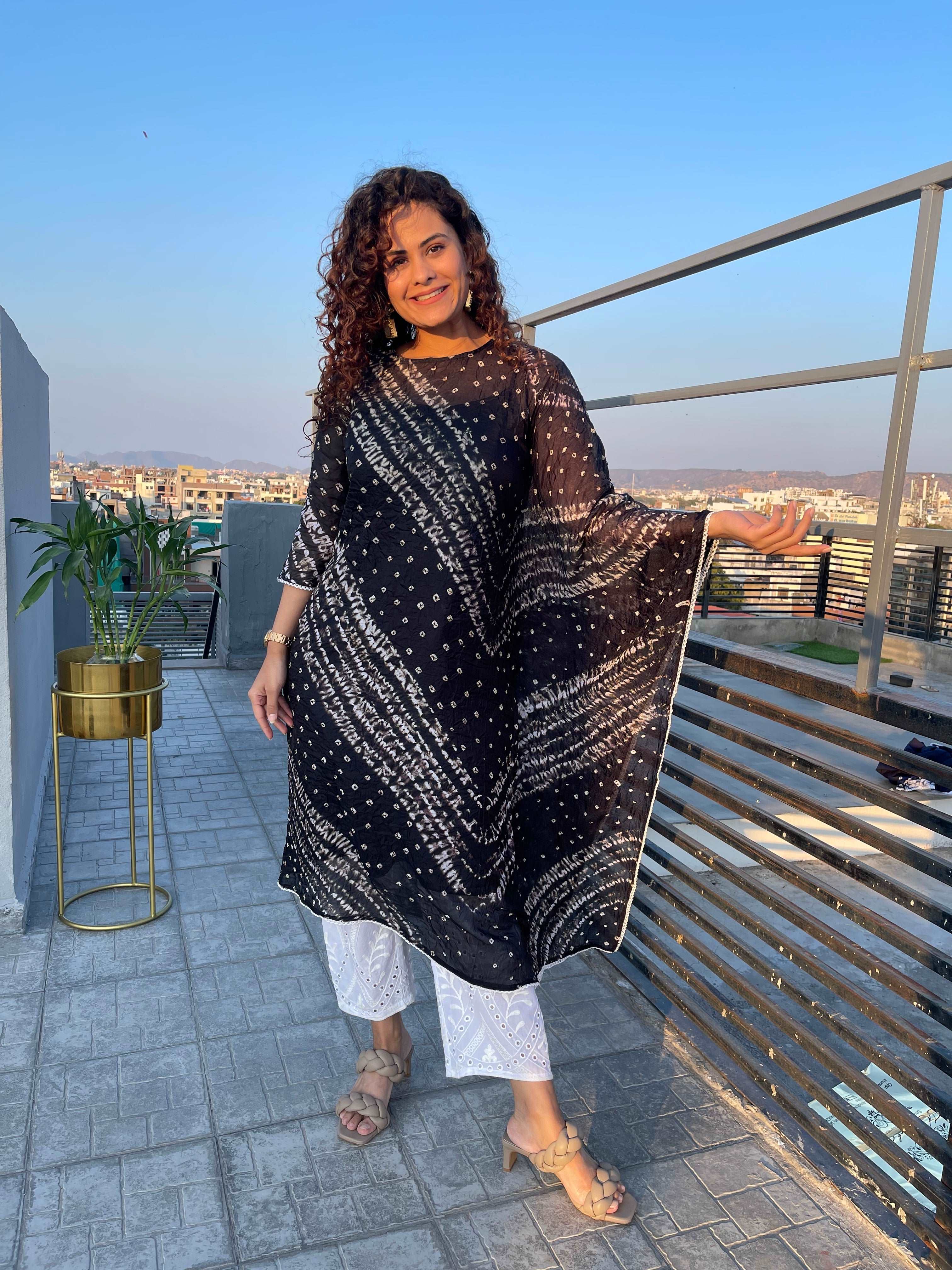 Stylish Black Bandhani Festive Kaftan Set for Women - Traditional Indian Ethnic Wear for Parties, Weddings & Festive Occasions