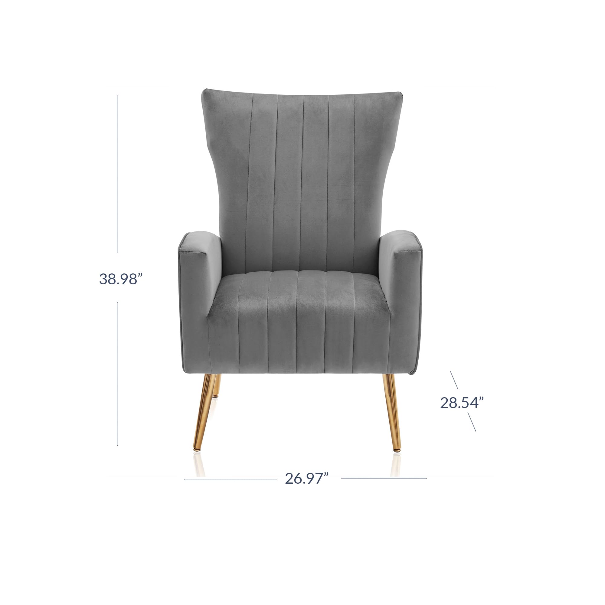 BELLEZE Modern Velvet Wingback Accent Chair with Metal Legs & Armrests - Upholstered High Back Vanity Chair for Living Room, Bedroom, Office - Kinsley (Gray) - Perfect for Reading, Relaxing & Home Decor