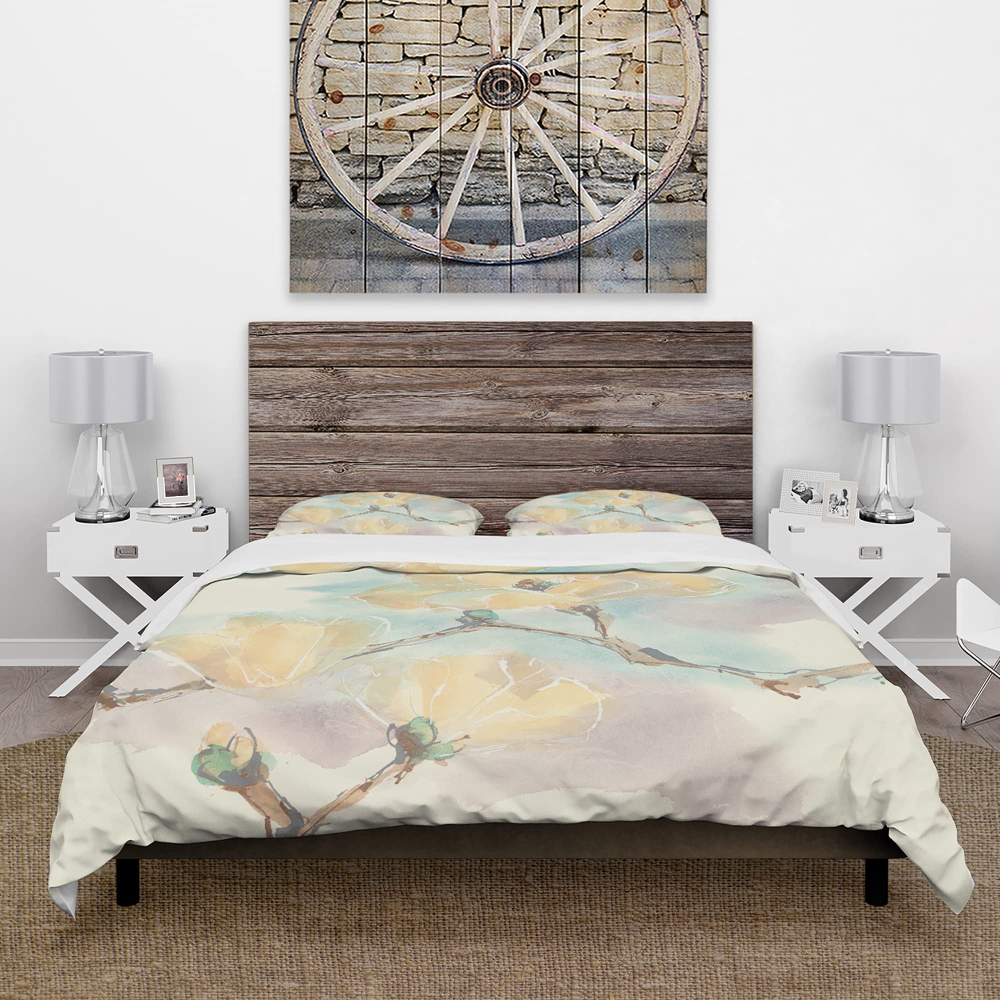 DesignQ Magnolias in White Traditional Duvet Cover Set | Blue Floral Queen Size Bedding Set (3-Piece) | All Season Comfort | Perfect for Master Bedroom, Guest Room & Vacation Homes