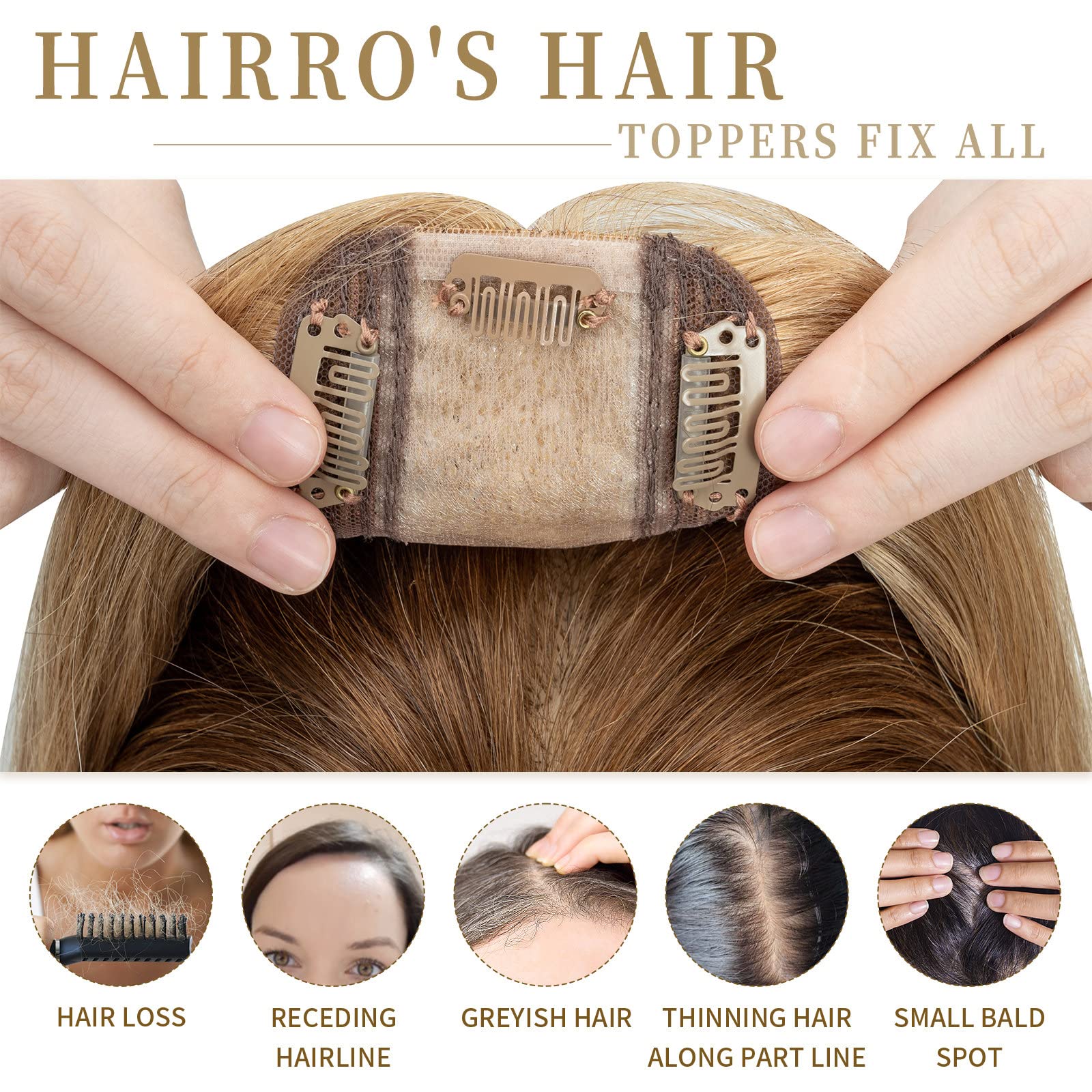 Hairro Real Human Hair Toppers for Women - Clip-In Hairpieces with Breathable Silk Base for Thinning Hair, Hair Loss & Grey Coverage | Perfect for Daily Wear, Special Occasions & Confidence Boosting