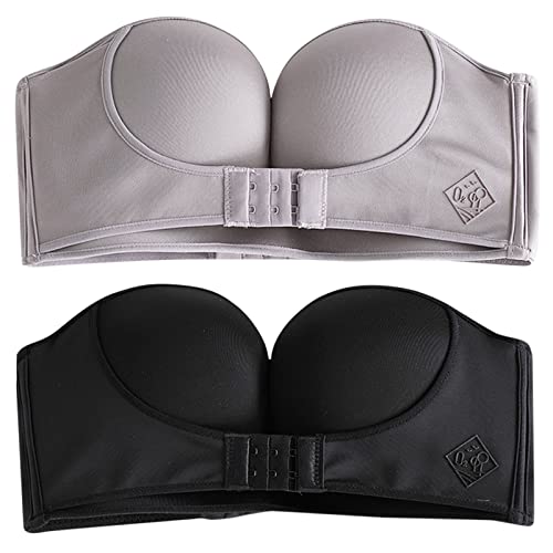 2PCS Women's Strapless Non-Slip Adjustable Rimless Bra F Cup - Black & Gray Seamless Sports Bras for Workout, Yoga & Everyday Wear (75F, Black/Gray)