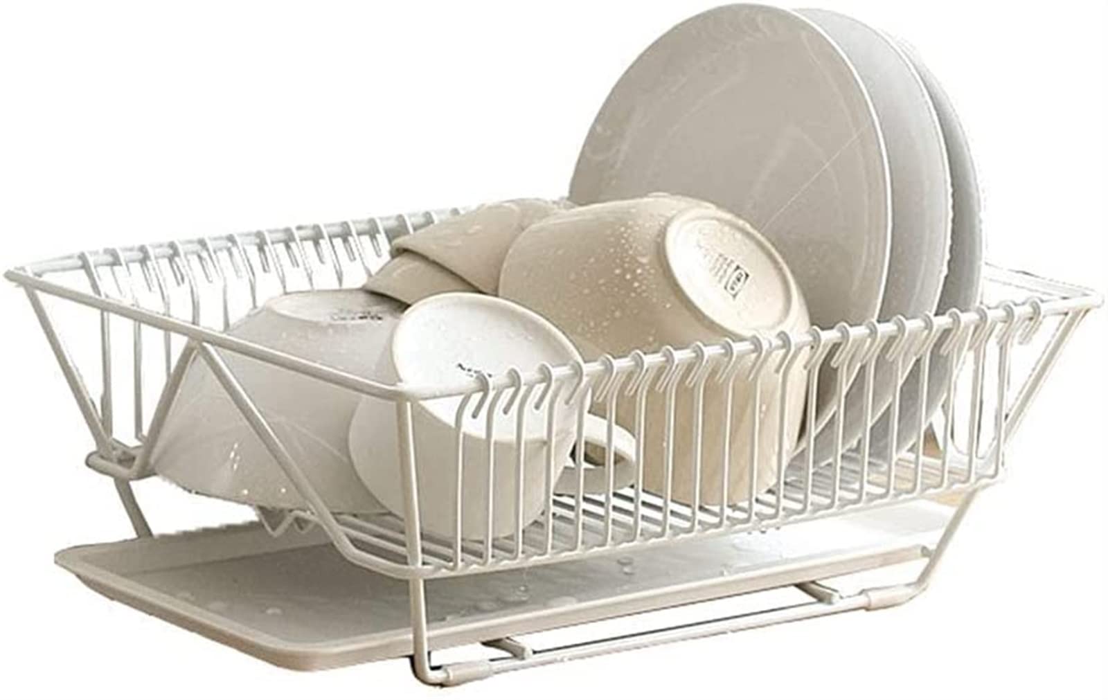 Stainless Steel Dish Drainer Rack with Drip Tray - 37x29x13cm Single Layer Kitchen Organizer for Plates, Cups & Utensils - Perfect for Small Spaces, Apartments & Countertop Drying (White)