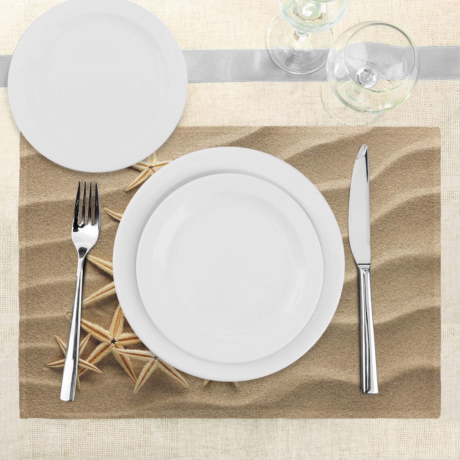 Ambesonne Starfish Place Mats Set of 4 - Coastal Christmas Tree Shell Design Washable Fabric Table Mats for Dining Room & Kitchen Decor in Pale Brown | Perfect for Beach House, Summer Parties & Holiday Gatherings