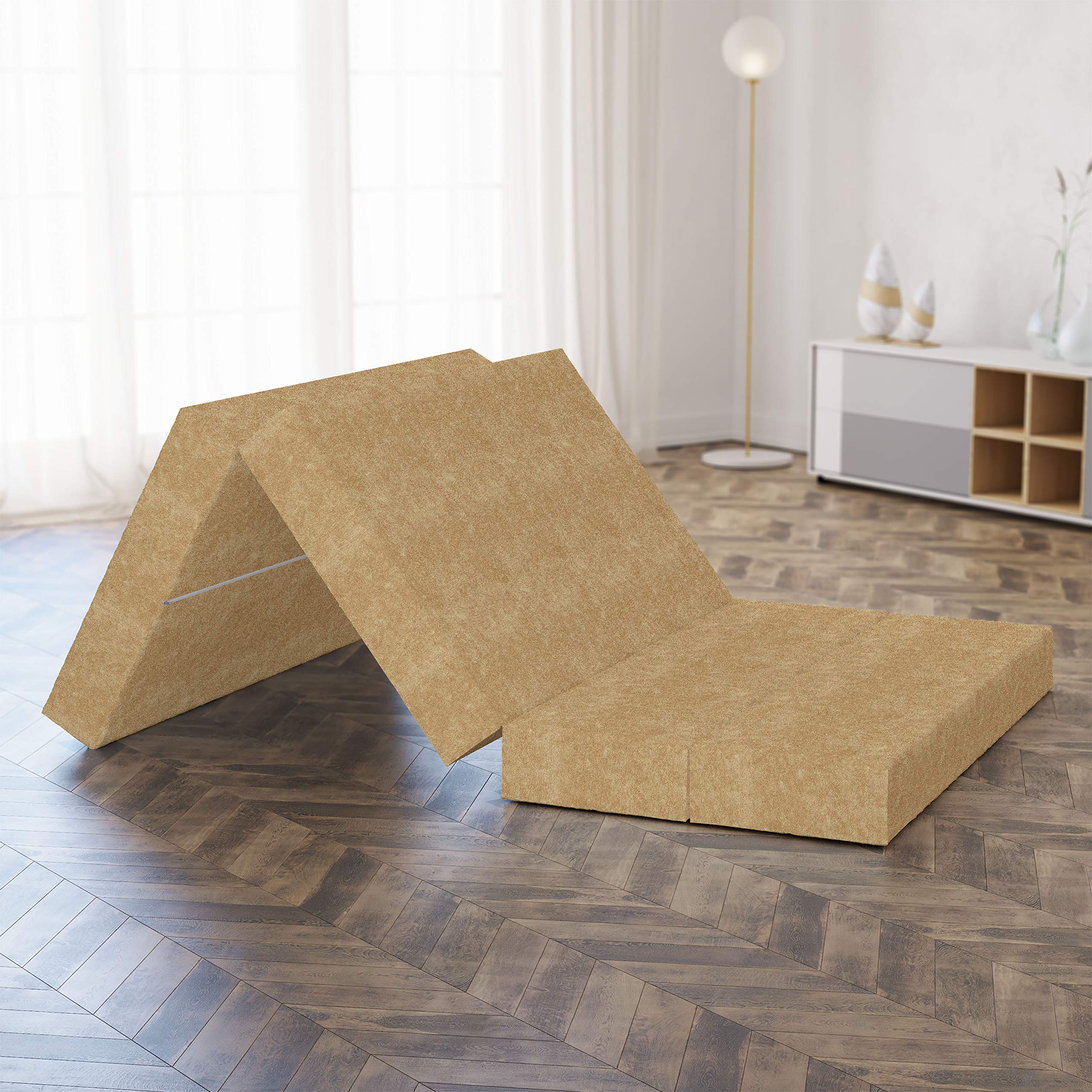 Ambesonne Faux Suede Foldable Mattress - Digitally Printed Weathered Texture, Portable Futon Mat & Lightweight Sleeping Pad for Guest Bed, Camping, Dorms - Pale Earth Yellow King Size | Perfect for Spare Bedrooms, Travel & Outdoor Adventures