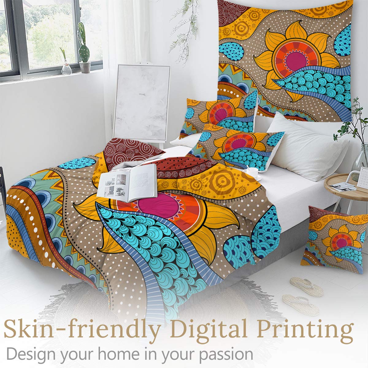 Sleepwish Ethnic Floral Duvet Cover Set - Orange & Blue African Print Bedding 3-Piece King Size - Soft Breathable Cotton for Master Bedroom, Guest Room & Bohemian Decor