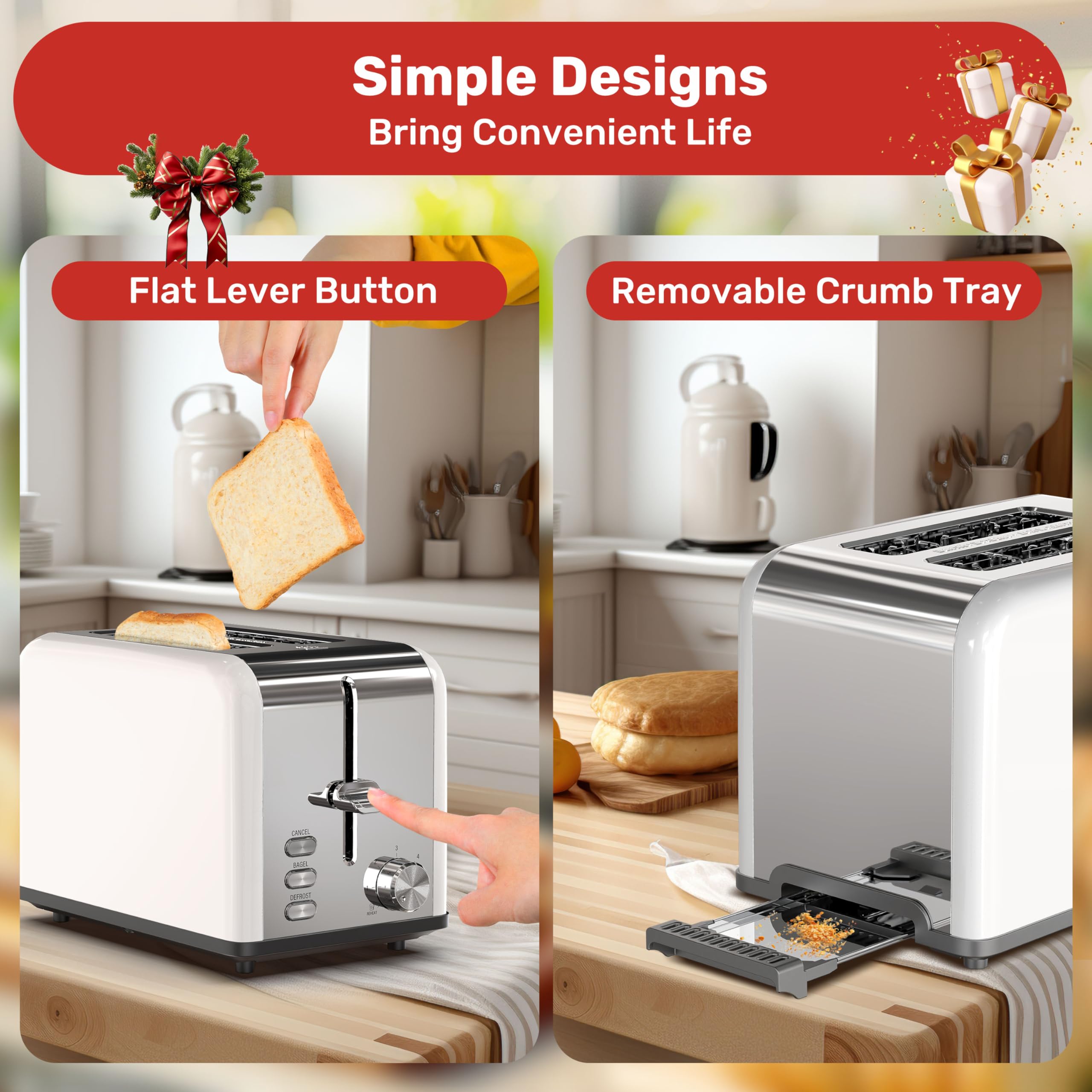 YSSOA 2-Slice Stainless Steel Toaster with Extra Wide Slots - 6 Browning Levels, Bagel/Defrost/Cancel Functions - Removable Crumb Tray - Compact Countertop Toaster for Bread, Bagels, Waffles & Pastries - Perfect for Breakfast, Office or Dorm Room Use - White
