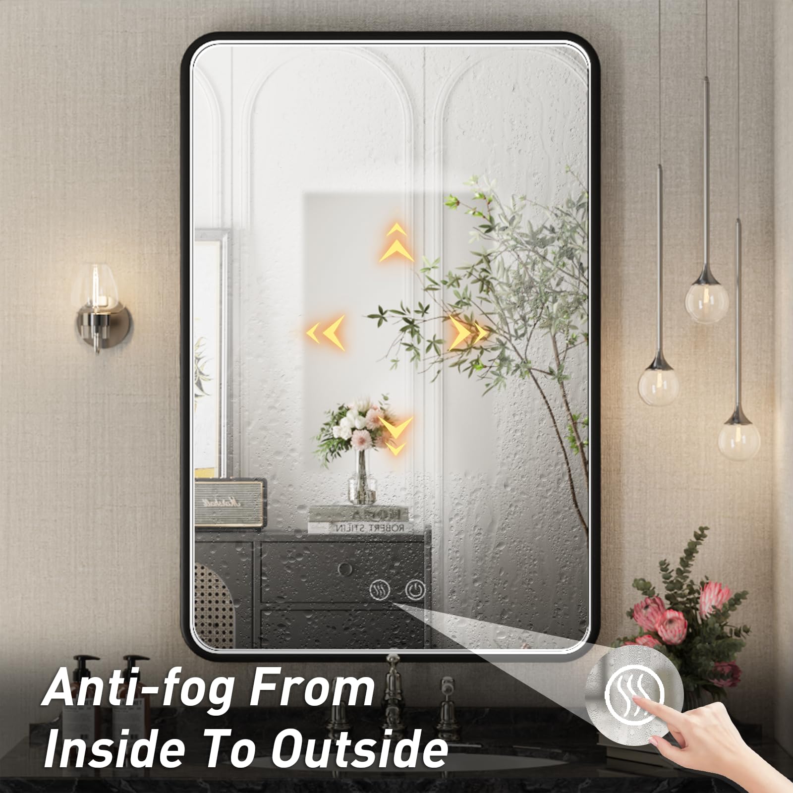 36x24 Inch LED Bathroom Mirror with Lights - Black Metal Frame Anti-Fog Vanity Mirror with Dimmable Lighting - Perfect for Makeup, Shaving & Home Decor (Wall Mounted)