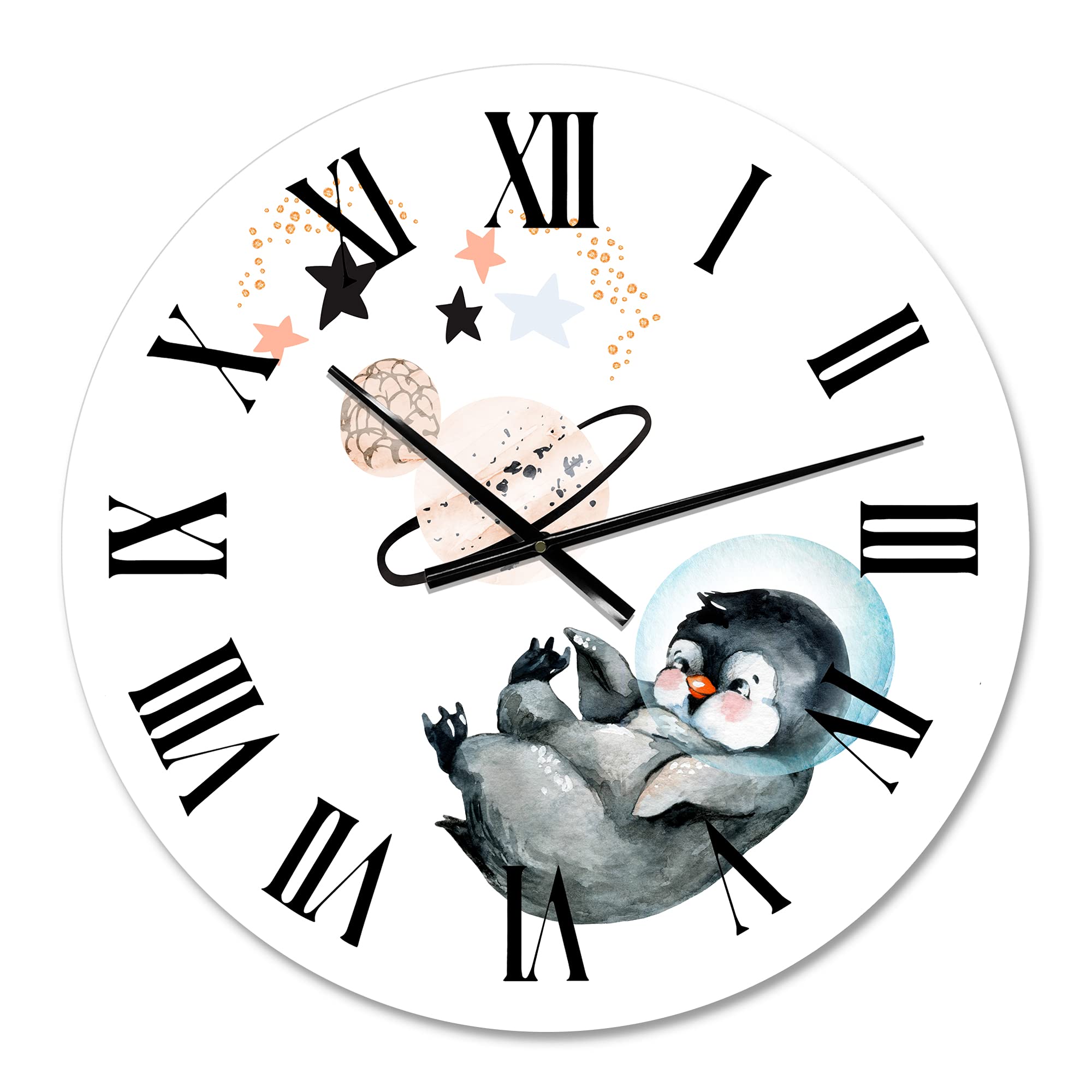 Farmhouse Wall Clock - Little Penguin with Stars & Planets Design, Large Decorative Clock for Living Room, Bedroom & Kitchen | Perfect for Home, Office & Nursery Décor
