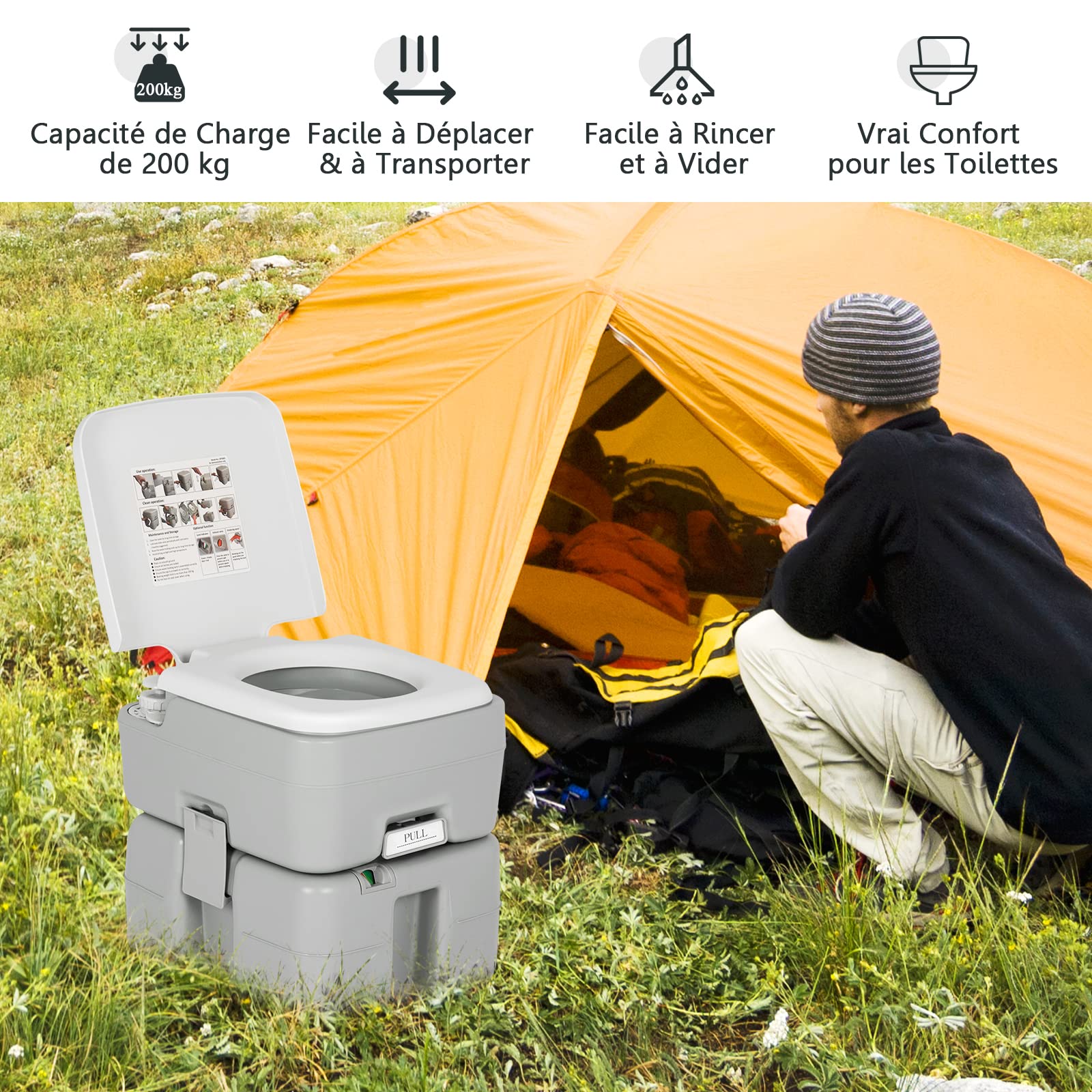 COSTWAY 20L Portable Toilet with 200kg Capacity, Leak-Proof Camping Toilet with Level Indicator - Ideal for Camping, RV, Road Trips & Outdoor Adventures