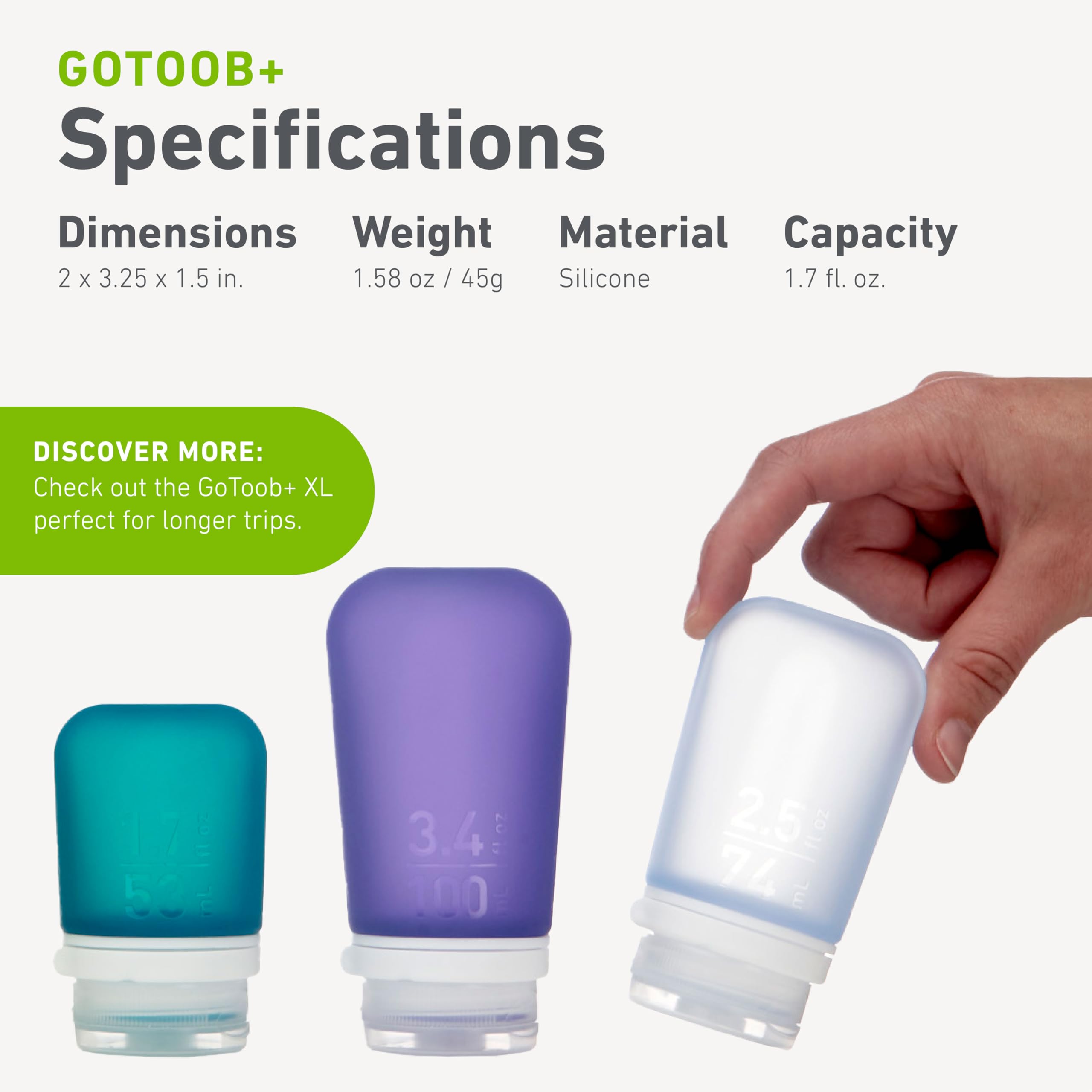 humangear GoToob+ Refillable Silicone Travel Bottles with Locking Cap - 3 Pack (1.7 fl.oz/53ml Each) - Clear, Purple & Teal for Toiletries, Cosmetics & Liquids - Perfect for Air Travel, Gym & Camping