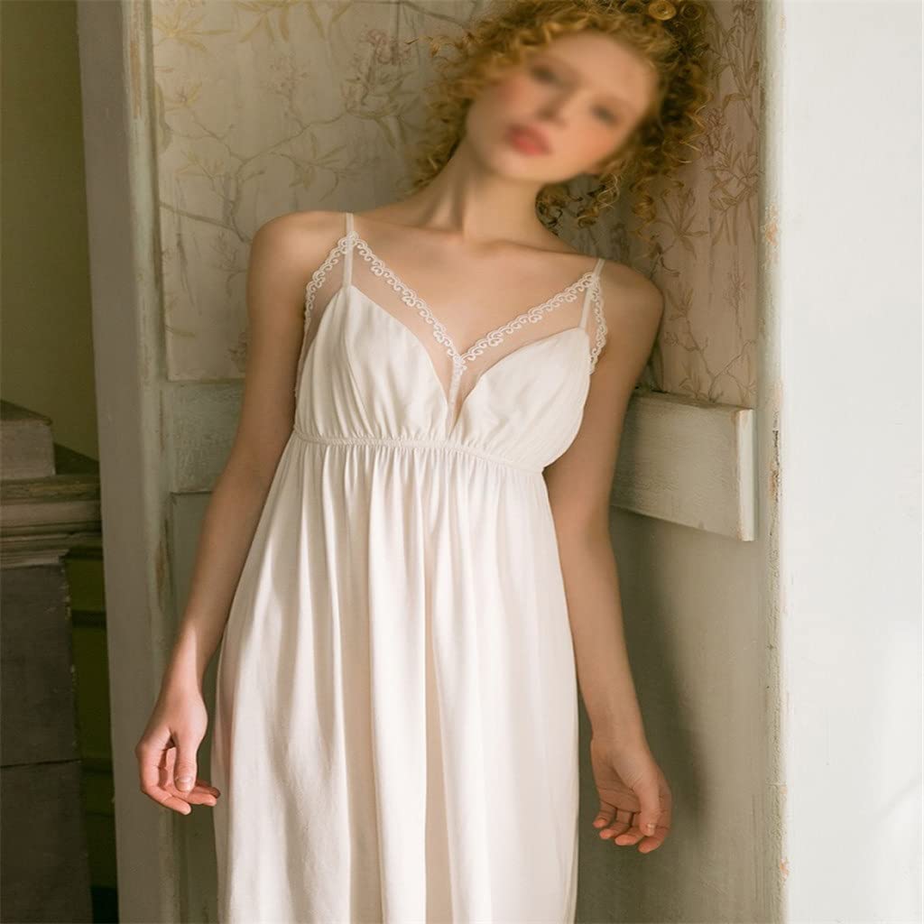 Sexy V-Neck White Lace Nightgown for Women - Sleeveless Sleepwear Loose Viscose Night Dress (White, Size L) - Perfect for Romantic Evenings & Comfortable Sleep