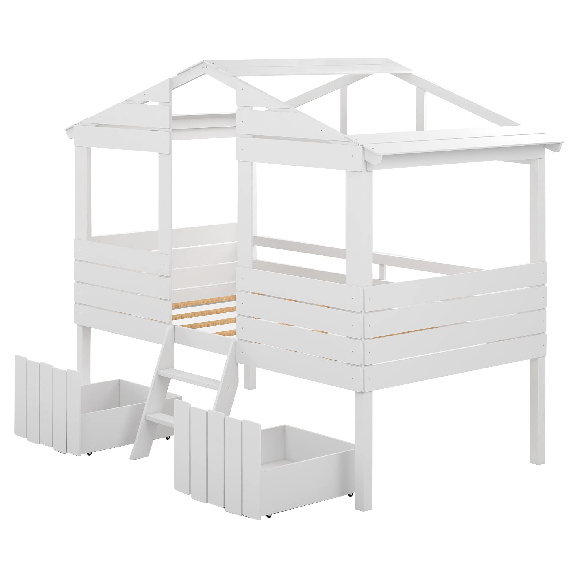 **White Twin Size Wood Loft Bed for Kids - House Design with Roof, Windows, 2 Drawers & Fence-Shaped Guardrails - Perfect for Boys & Girls Bedrooms, Playrooms & Small Spaces**