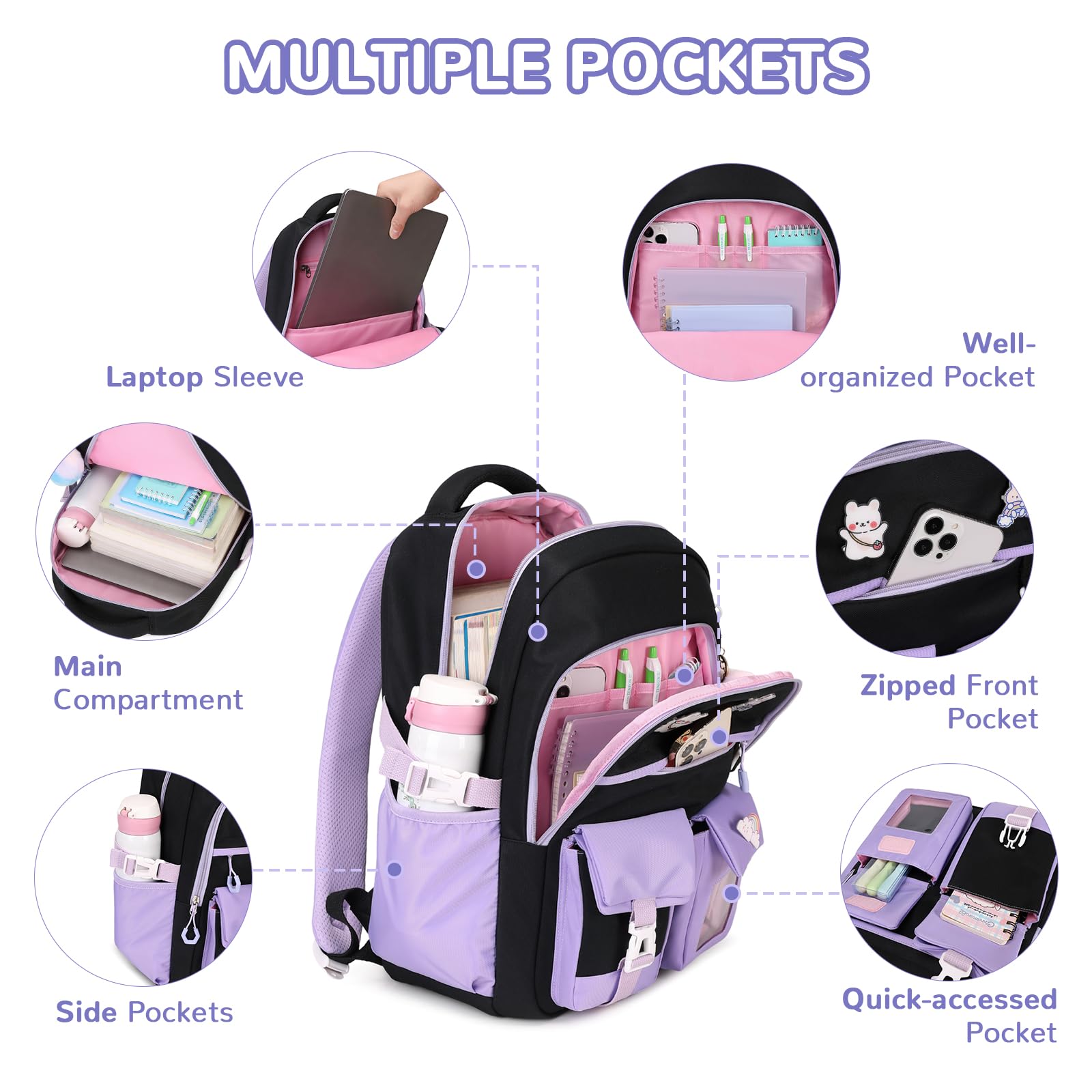Cute Girls Backpack for School - Water Resistant Kids Bookbag with Multiple Pockets for Elementary Students Ages 6-14, Black & Purple - Perfect for Daily School Use, Travel & Outdoor Activities