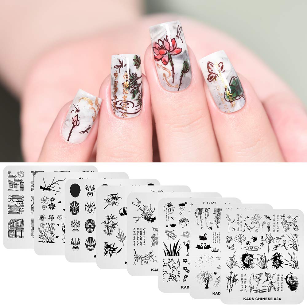 KAD Nail Stamping Plates Set - 8pcs Chinese Style Nail Art Templates for DIY Manicure | Perfect for Home Salon, Bridal Nails & Holiday Nail Designs