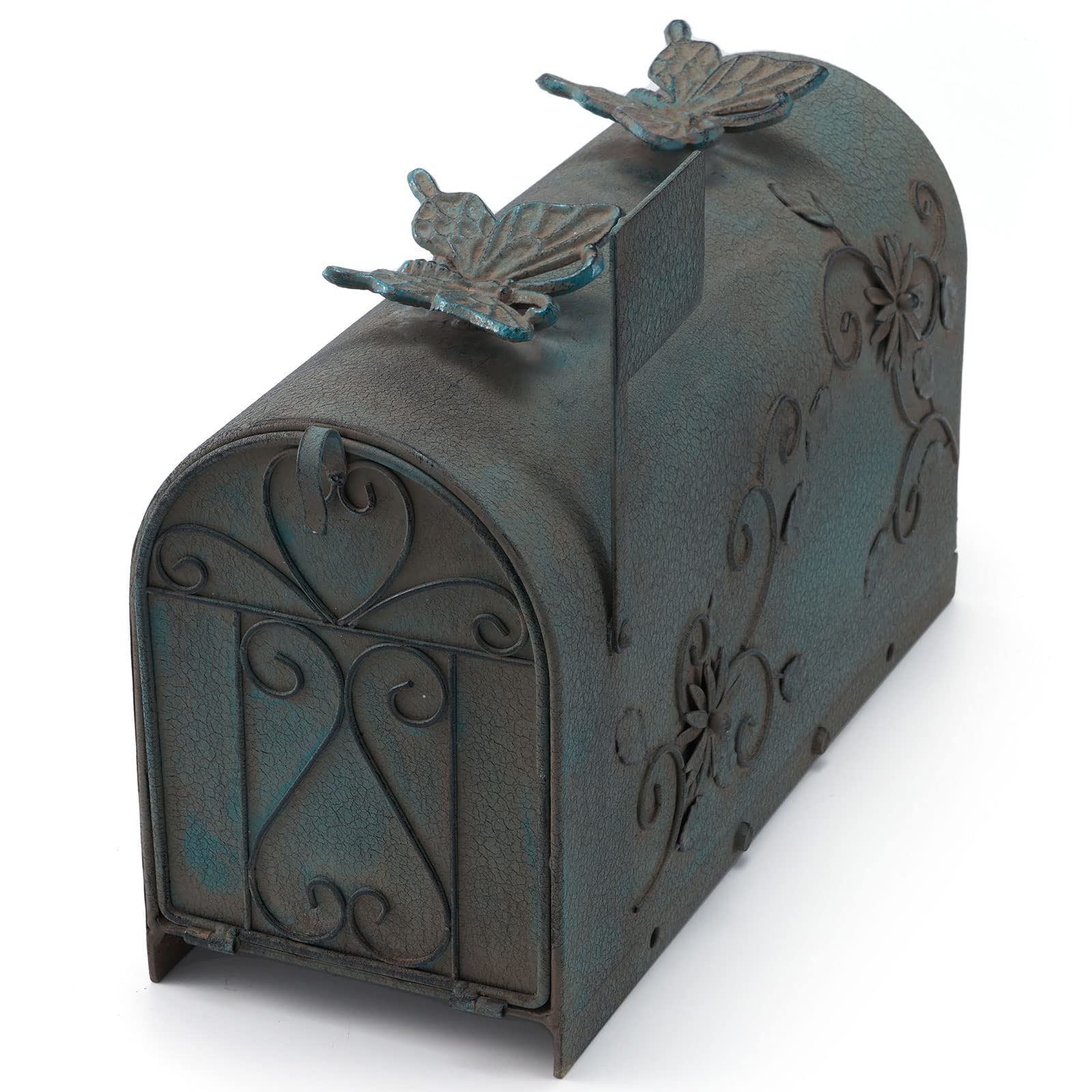 **Heavy Duty Galvanized Steel Mailbox Post - Rustproof Rural Mailbox with Vintage Butterfly Decoration (Vintage Green) - Perfect for Farmhouse, Countryside & Suburban Homes**