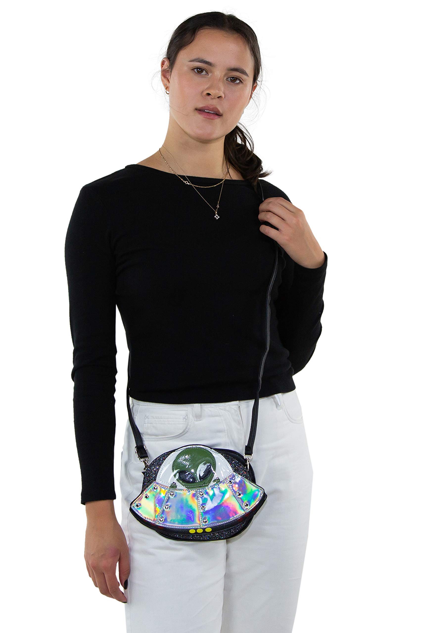 Sleepyville Critters UFO Alien Spaceship Crossbody Bag - Black Cute Cartoon Shoulder Purse for Women, Girls | Perfect for Cosplay, Comic Con, Halloween Costume & Daily Use