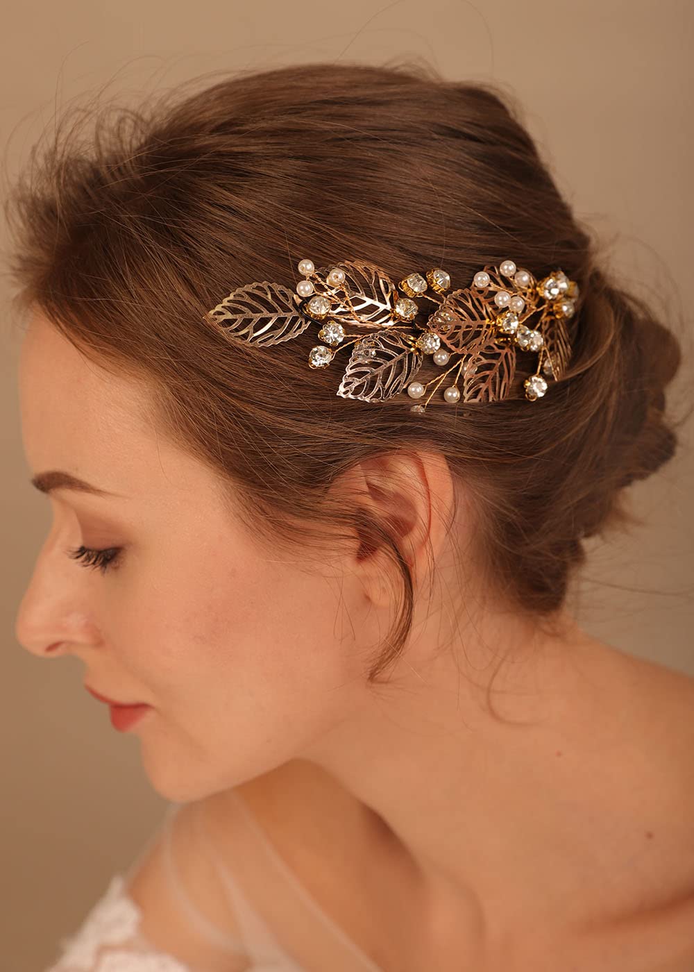 Denifery Rose Gold Leaves Hair Vine with Pearls - Elegant Bridal Hair Accessories for Weddings, Prom, and Special Occasions (Rose Gold)