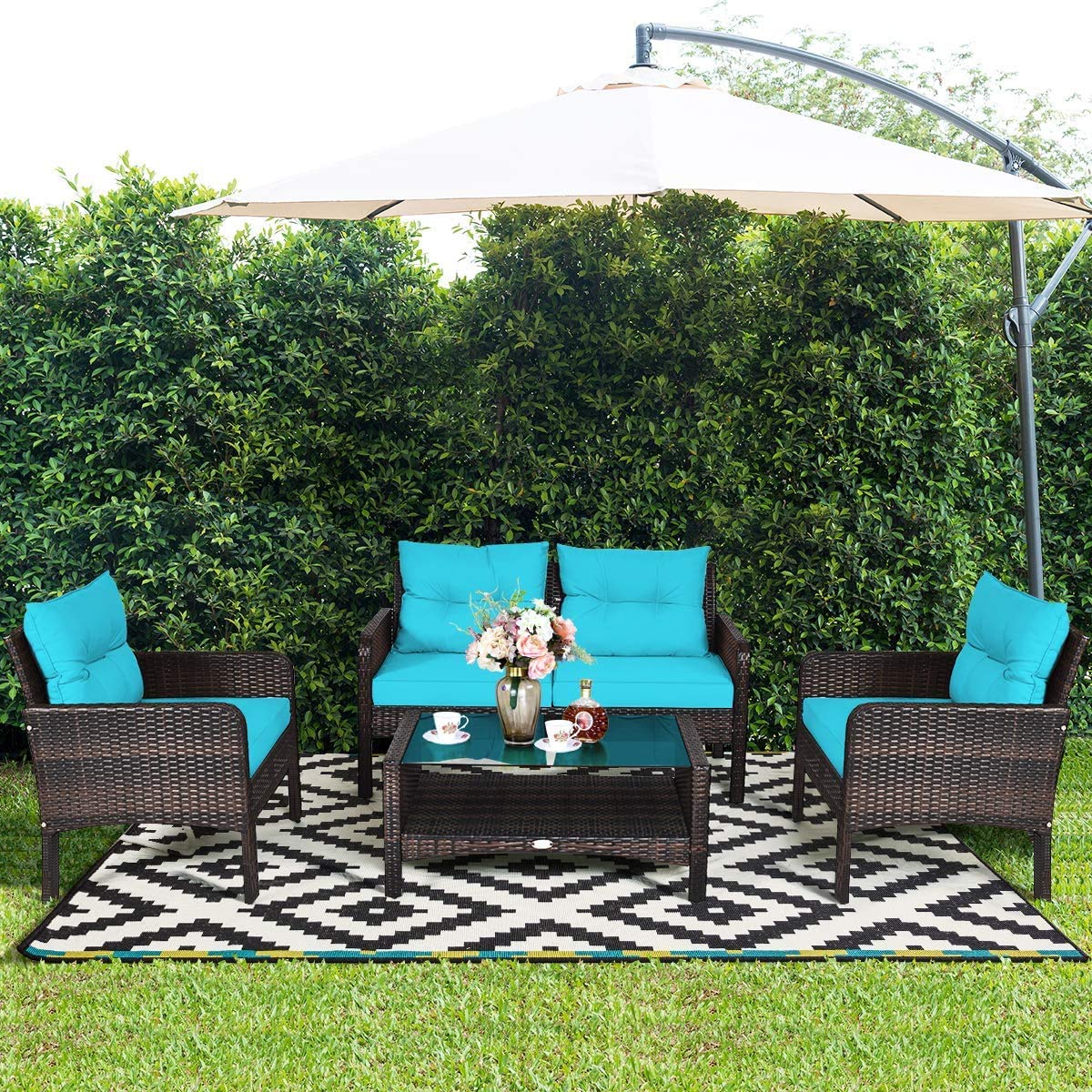 HappyGrill 4-Piece Outdoor Patio Furniture Set - Rattan Wicker Sectional Sofa with Coffee Table & Cushions - Perfect for Garden, Poolside, Backyard, and Balcony Relaxation