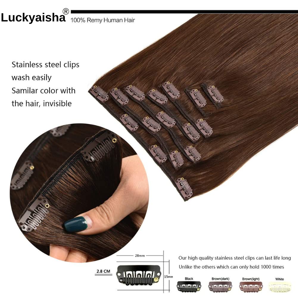 Clip in Human Hair Extensions 18 Inch Dark Brown #2 - 7pcs 120g Thickened Straight Real Human Hair for Volume & Length - Perfect for Parties, Weddings & Everyday Styling
