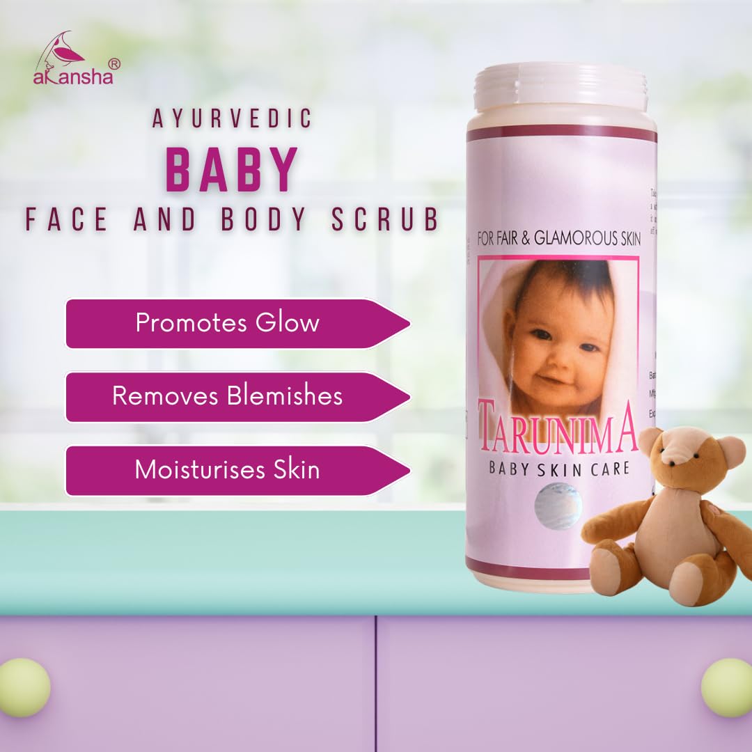 AKANSHA Tarunima Ayurvedic Skin Polishing Exfoliating Baby Face and Body Scrub - 100g Natural Exfoliator for Glowing Skin | Gentle Cleansing for Sensitive Skin | Perfect for Daily Skincare Routine & Spa Day at Home