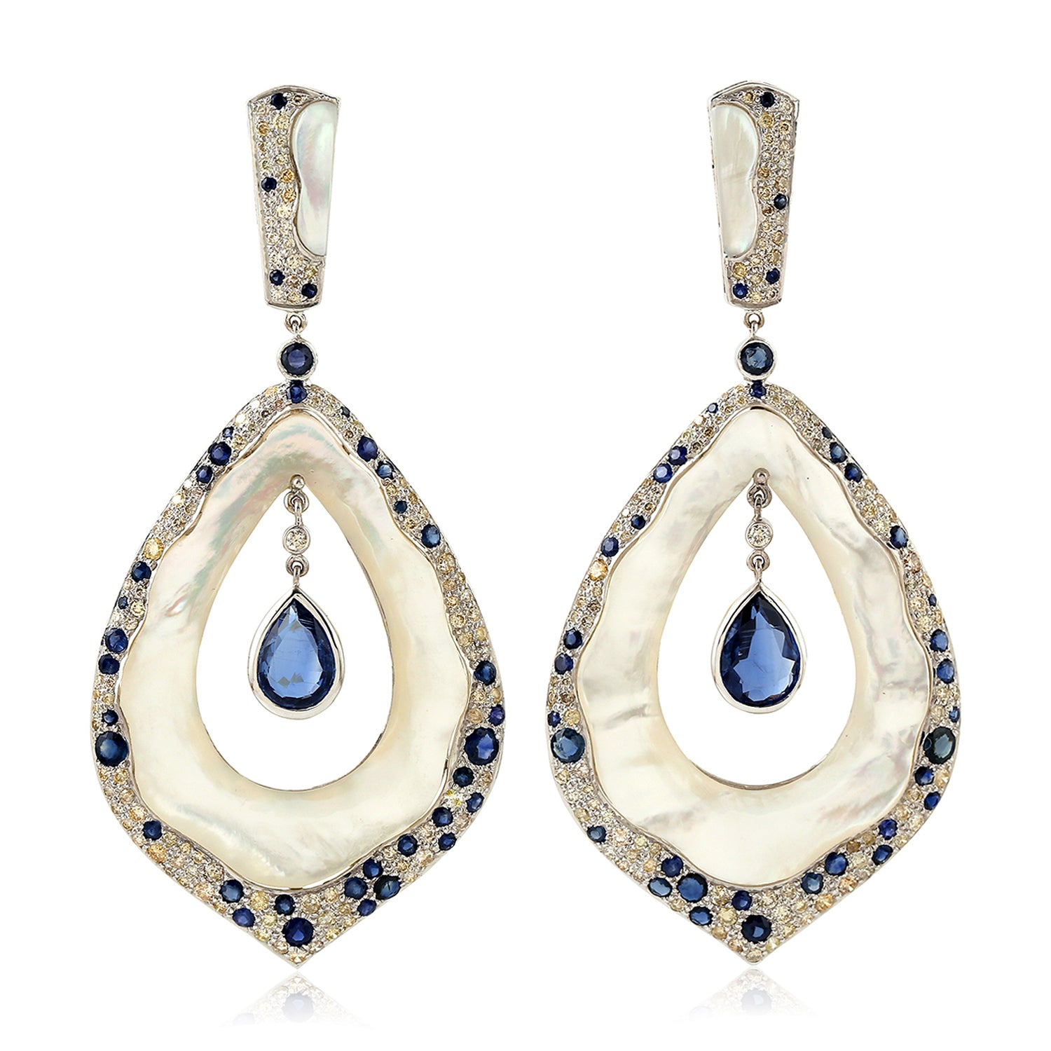 18K White Gold Fancy Cut Mother of Pearl Bezel Blue Sapphire Kyanite Pave Diamond Dangle Earrings - Perfect for Weddings, Parties & Special Occasions