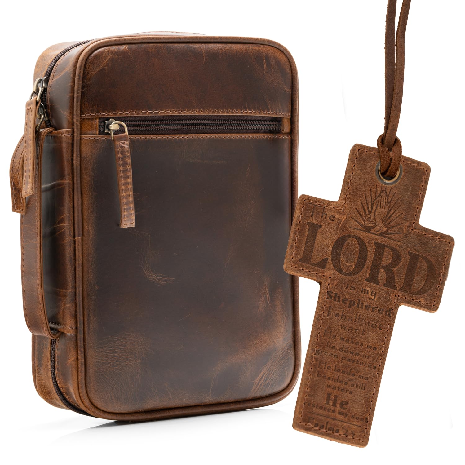ELIZO Genuine Leather Bible Cover for Men & Women - Zippered Church Bible Case with Bookmark - Small Religious Book Protector - Perfect Christian Gift for Church, Travel & Daily Devotion
