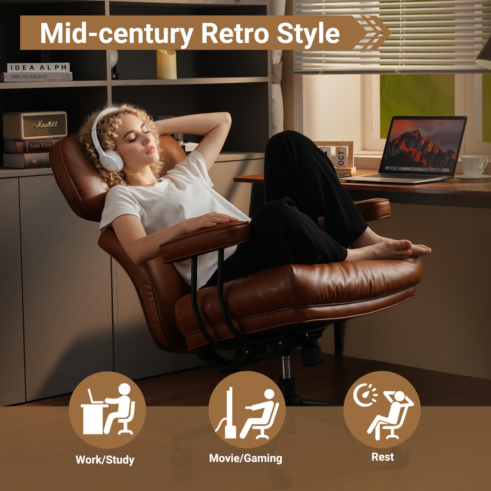 Ergonomic High Back Office Chair with Lumbar Support - PU Leather Swivel Computer Desk Chair with Wheels & Rocking Function - Brown - Perfect for Home Office, Gaming & Workspace Comfort