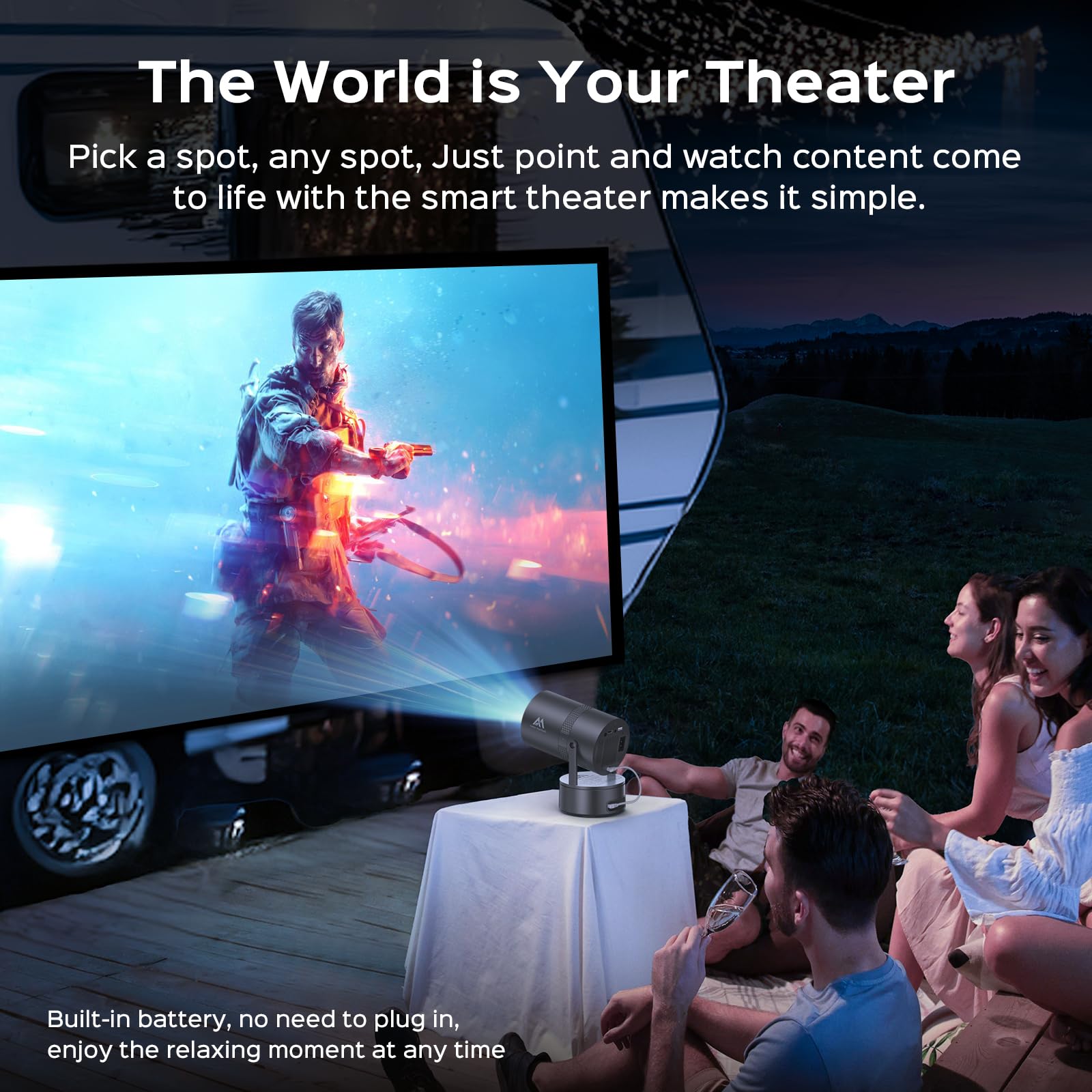 Built-in Battery Mini Projector with WiFi & Bluetooth | 4K 1080P Support | 270° Rotation | 150