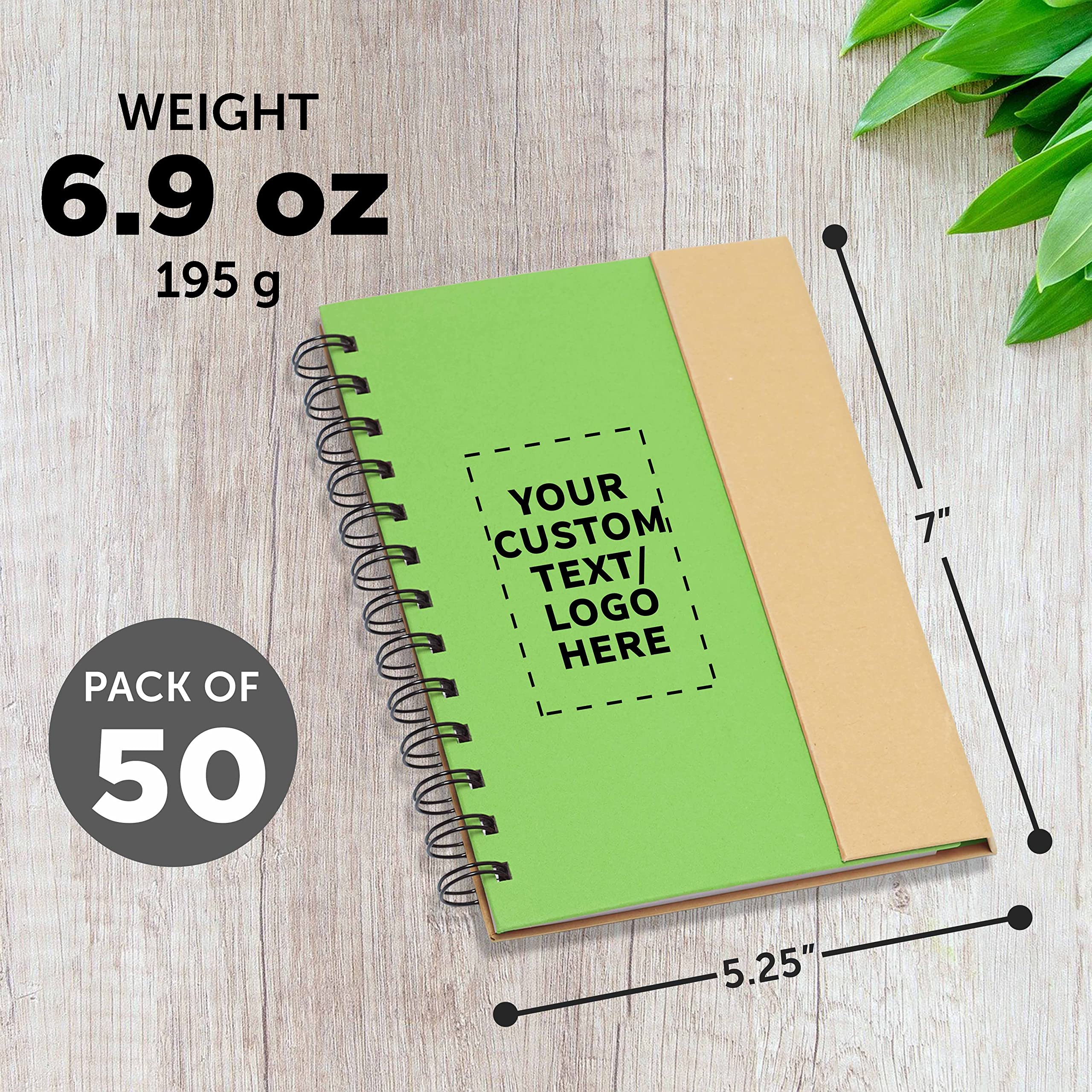 Custom Eco-Friendly Spiral Notebooks with Pens - Set of 50 Personalized Bulk Pack for School, Office & Home - Sustainable Green Stationery - Ideal for Students, Professionals & Gifts