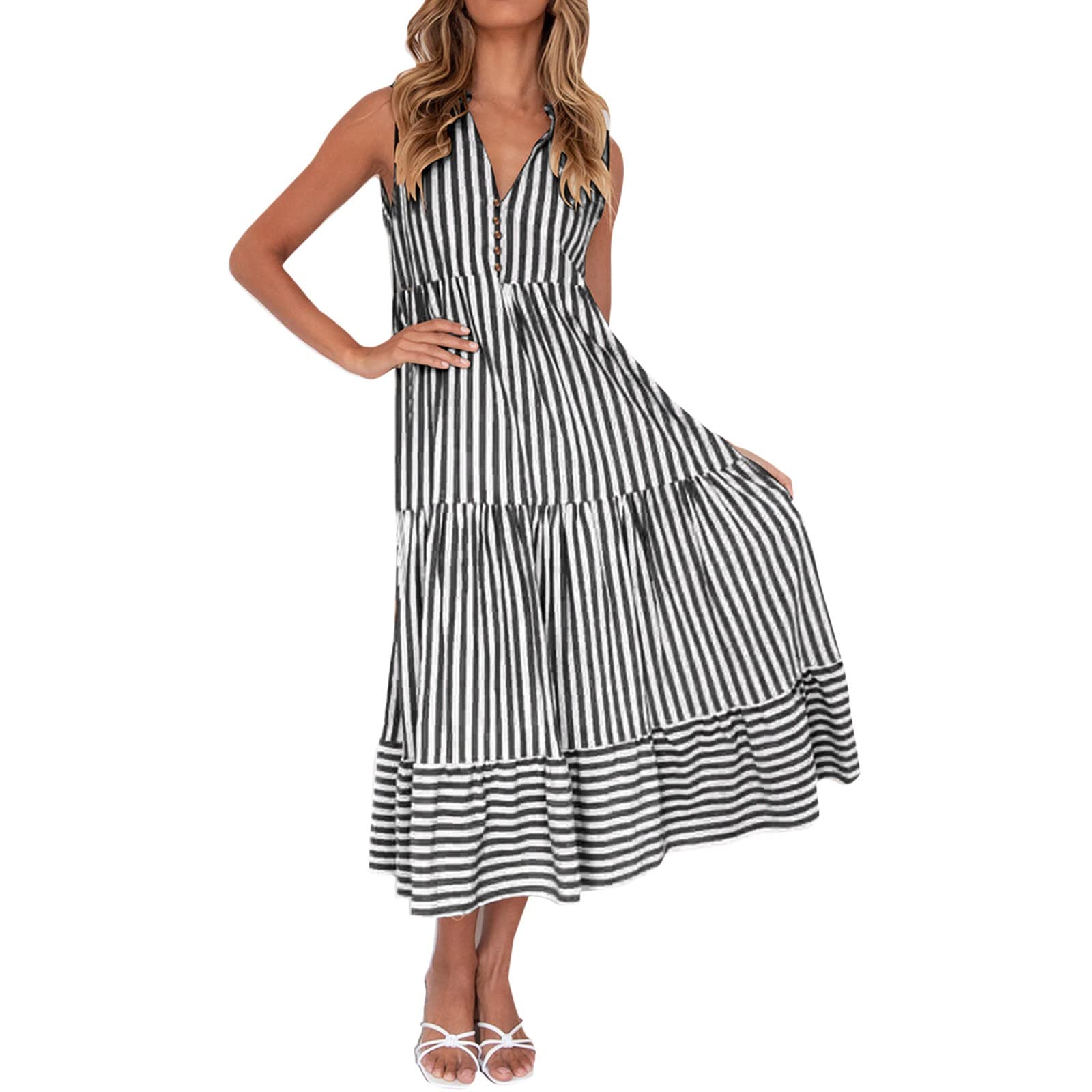 Women's Casual Sleeveless Button V-Neck High Waist Striped Maxi Dress - Summer Beach Party, Vacation & Date Night Outfit