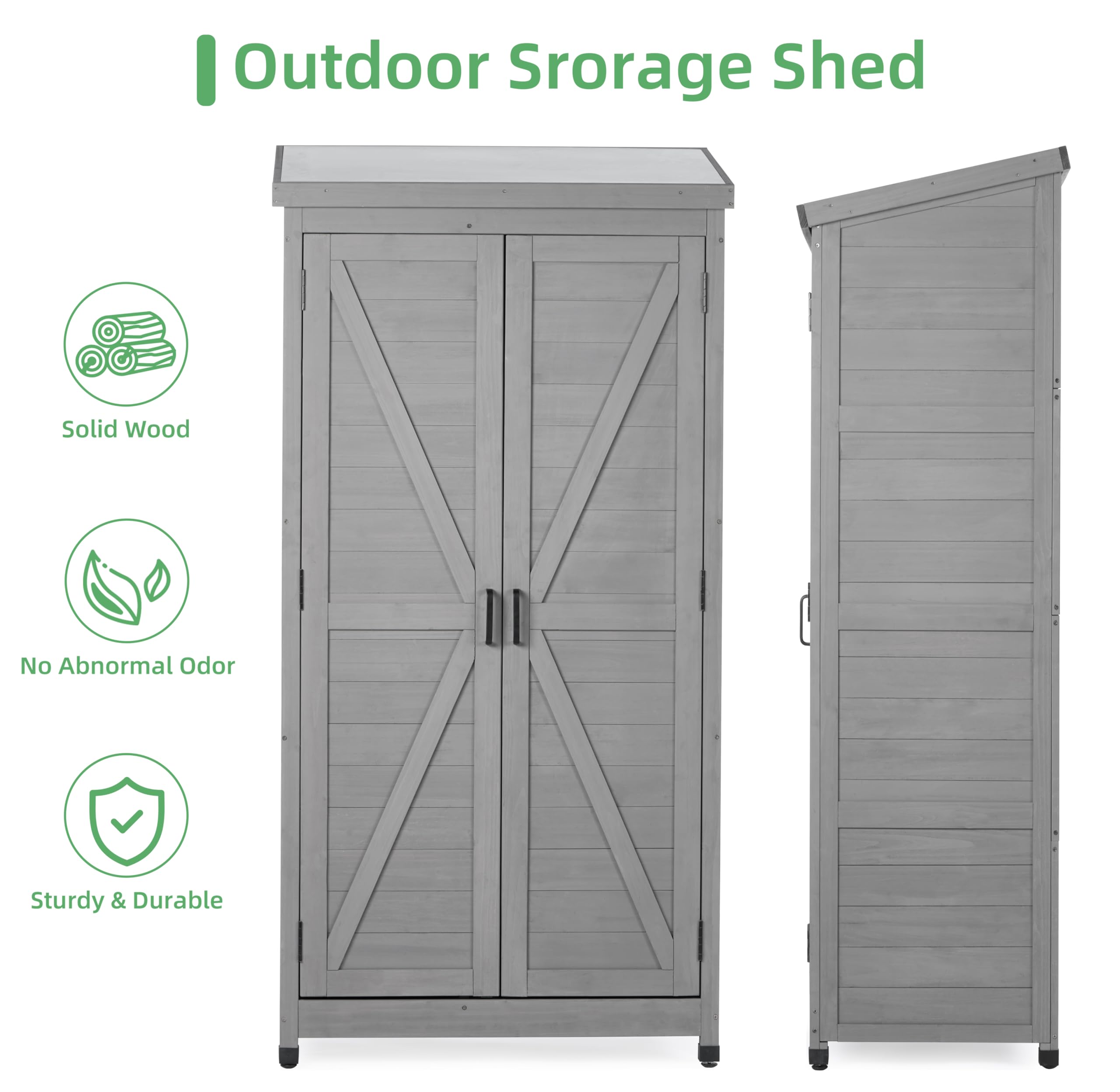 Outdoor Wooden Storage Shed with Metal Roof - Tall Vertical Tool Cabinet for Backyard, Garden, Patio & Lawn Organization | Perfect for Storing Gardening Tools, Lawn Equipment & Outdoor Supplies