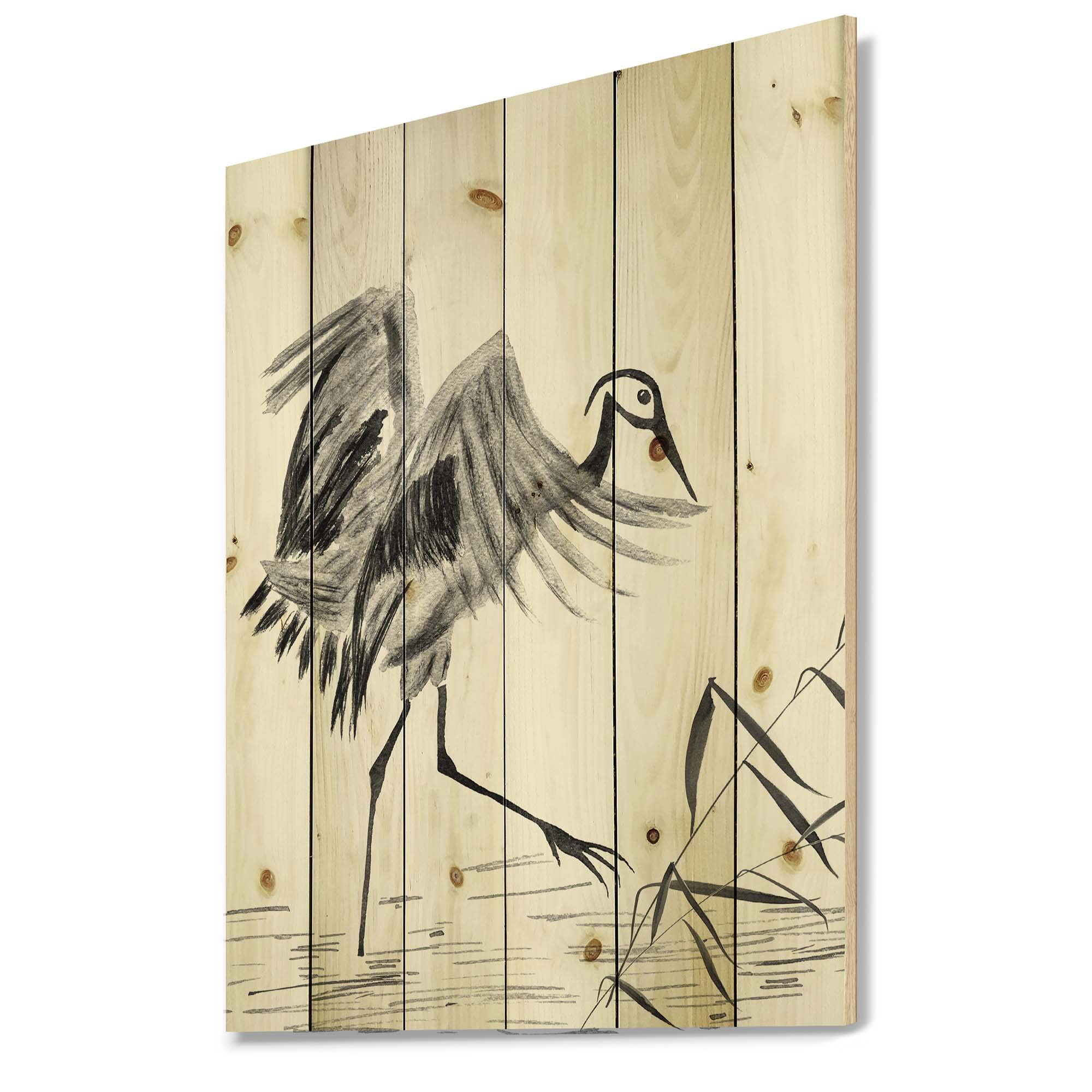 Japanese Oriental Crane Bird Wood Wall Art - Traditional Grey Wooden Decor, Large Animal Wall Panels Printed on Natural Pine Wood - Perfect for Living Room, Bedroom & Office Decor