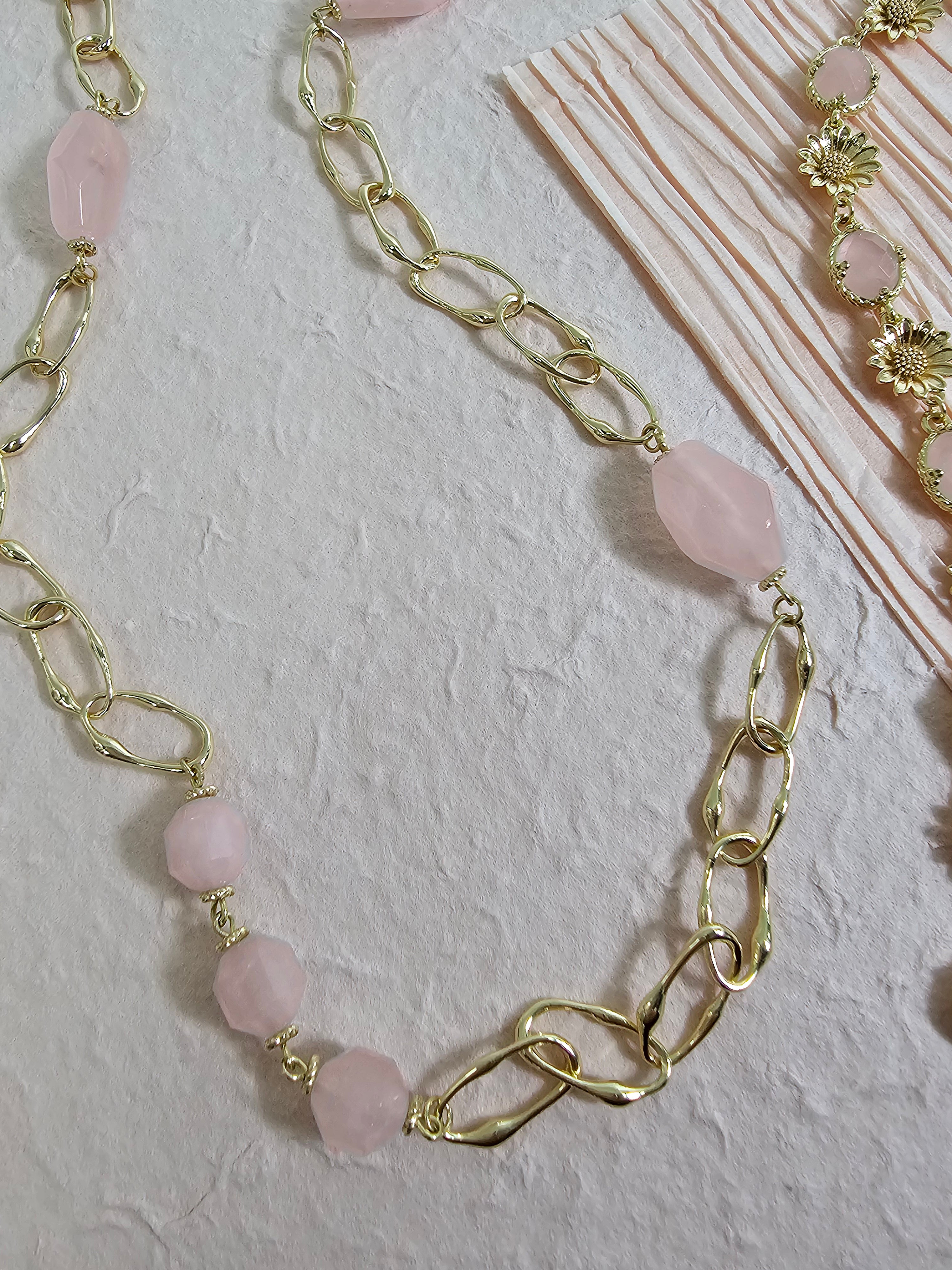 Rose Quartz Pendant Necklace with Chain - Elegant Long Crystal Jewelry for Women, Perfect for Gifts, Meditation & Spiritual Healing | PN036