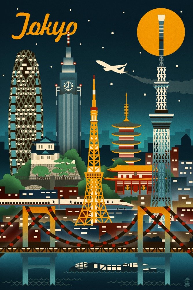 Lantern Press Tokyo Japan Retro Skyline Wall Art - 16x24 Wrapped Canvas Print for Home & Office Decor - Perfect for Living Room, Bedroom or Gift