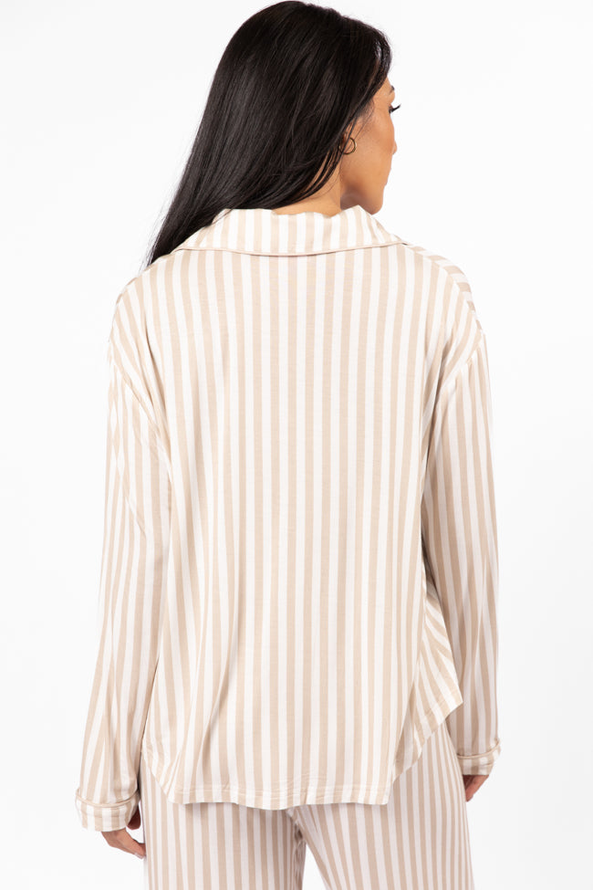 Good To Get Away Neutral Stripe Long Sleeve Pajama Top for Women - Soft Sleepwear & Lounge Wear - Cozy Home Outfit for Relaxing Evenings