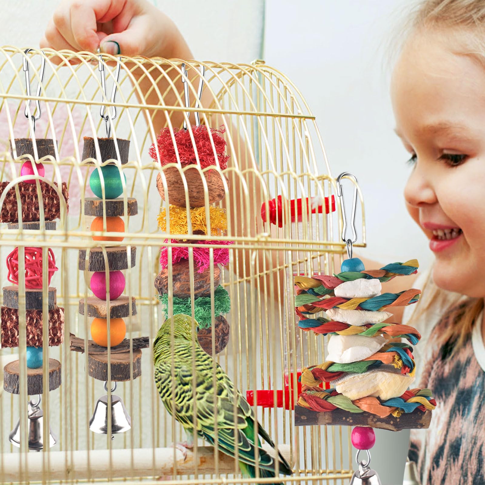 **7 Pack Bissap Bird Chew Toys - Natural Wood Parrot Hanging Cage Toys, Perch Stand for Small Birds - Conure, Cockatiel, Parrotlet, Lovebird, Budgie - Perfect for Cage Enrichment & Playtime**