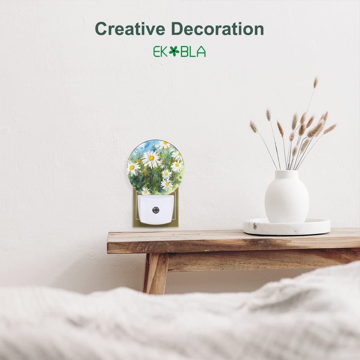 EKOBLA White Daisy Night Light - 0.5W LED Plug-in Wall Nightlight with Dusk to Dawn Sensor for Bedroom, Nursery, Kids Room - Spring Garden Flower Decor for Women, Men & Children - Sleep Friendly Lighting Solution