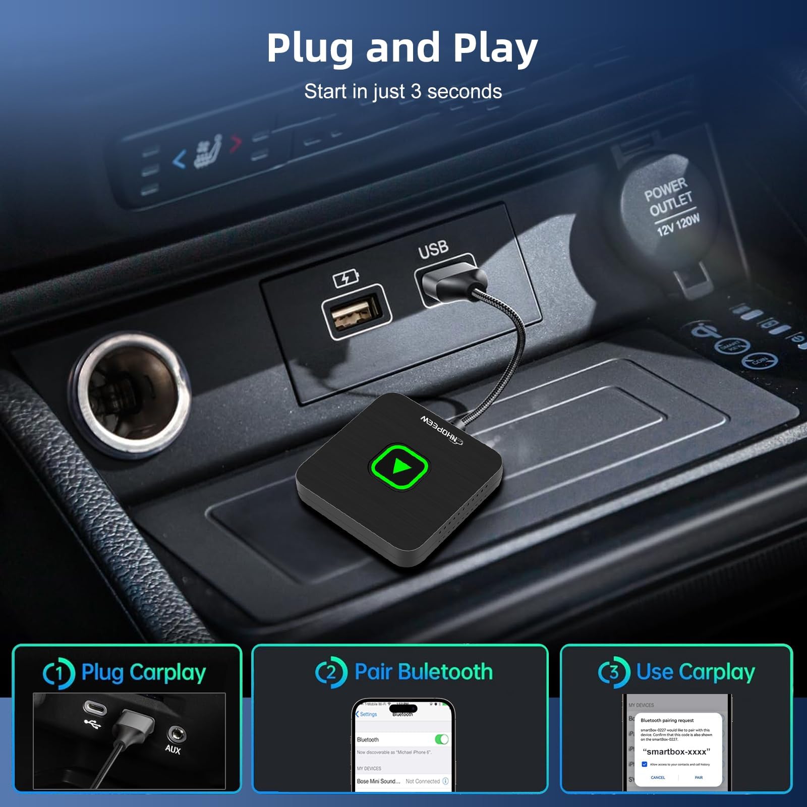 NHOPEEW Wireless CarPlay Adapter - Plug & Play CarPlay Dongle for All Factory Wired CarPlay Cars (iOS 12+ Compatible) - Seamless Wireless Control for iPhone - Perfect for Commuting, Road Trips & Hands-Free Driving