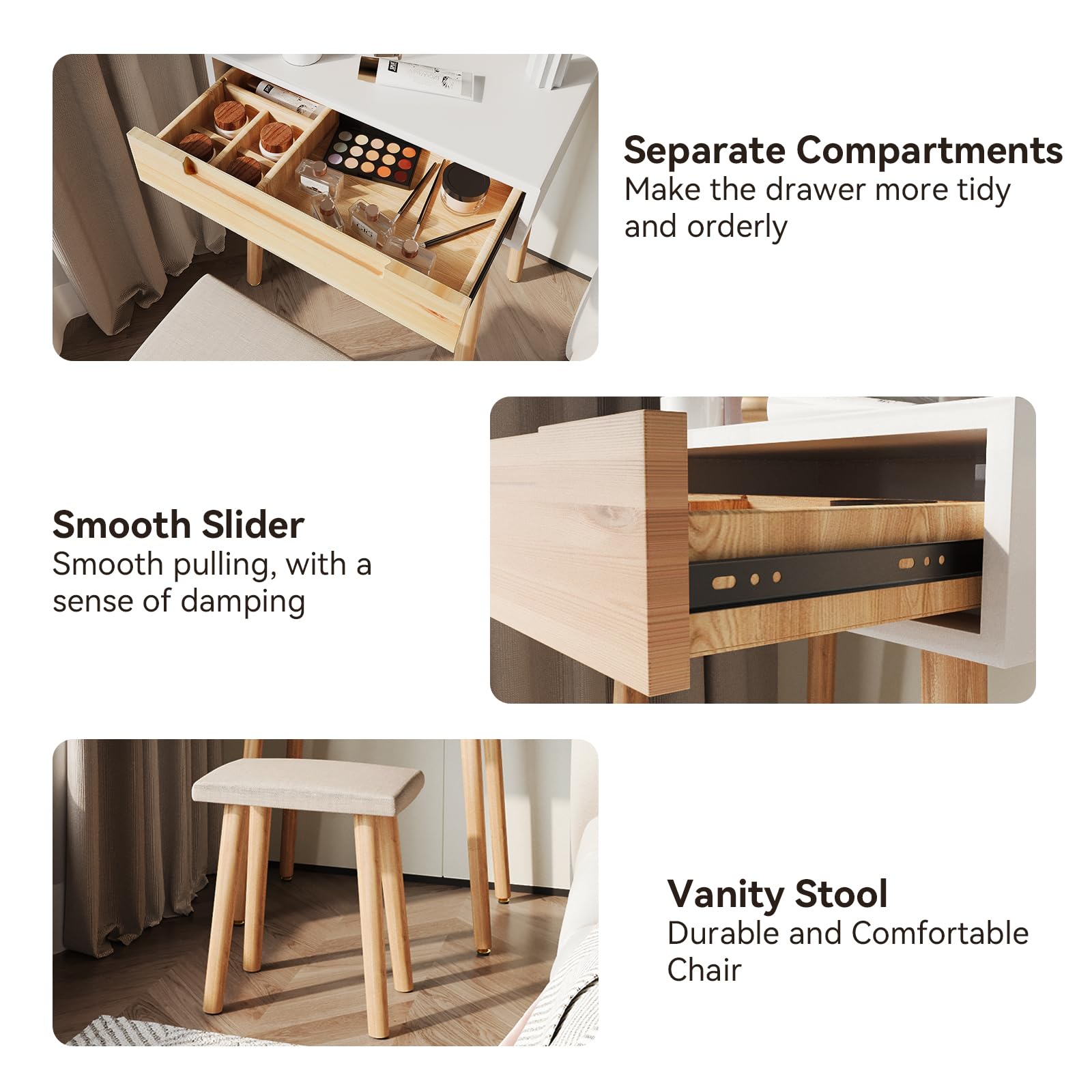 ARTETHYS 24 Inch Small Makeup Vanity Desk Set with 3 Adjustable LED Lighted Mirror, Wooden Dressing Table with Drawer & Stool - Perfect for Bedroom, Apartment, and Small Space Beauty Organization