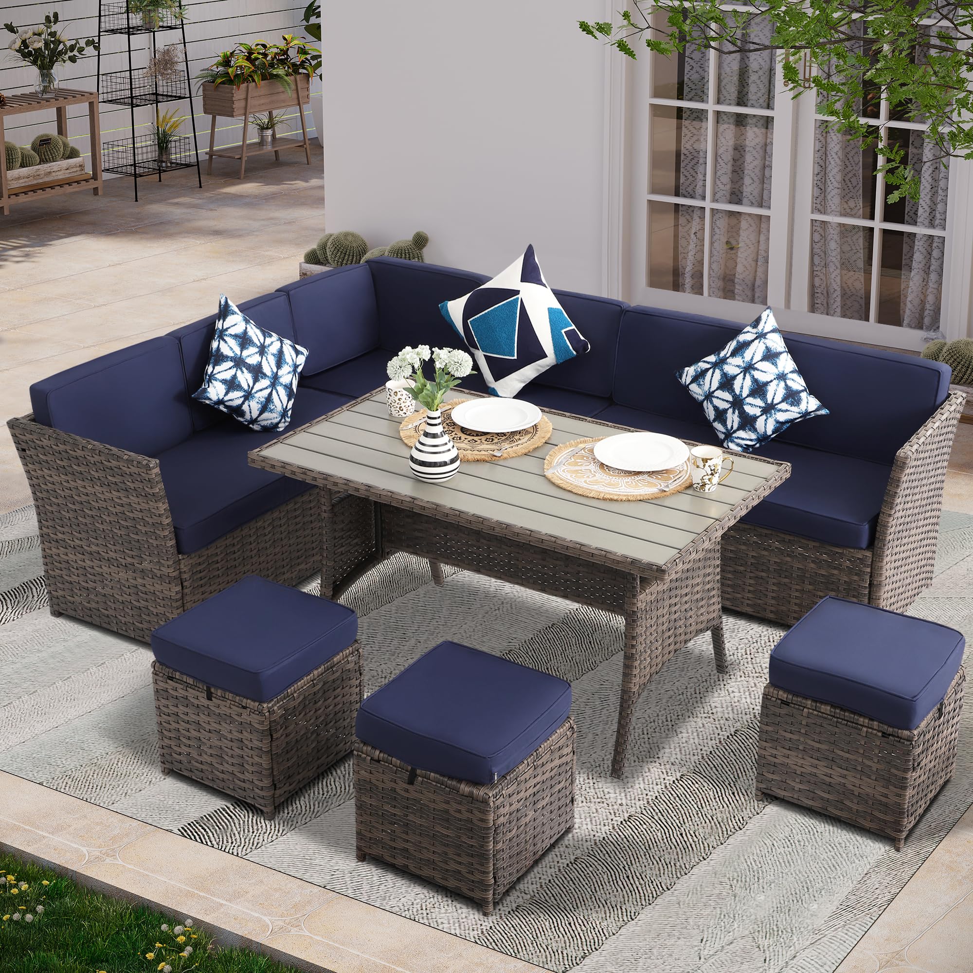KIGOTY 7-Piece Brown Rattan Outdoor Dining Set with Soft Cushions - Patio Table and Chairs for Deck, Backyard, Garden - Perfect for Outdoor Entertaining and Relaxation
