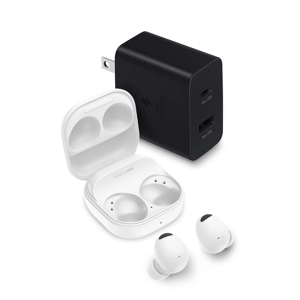 SAMSUNG Galaxy Buds 2 Pro Wireless Earbuds with 35W Dual Port Charger - Noise Cancelling Bluetooth Headphones, Hi-Fi Sound, Fast Charging Block & USB-C Adapter (White Earbuds + Black Charger) - Perfect for Gym, Travel & Work from Home