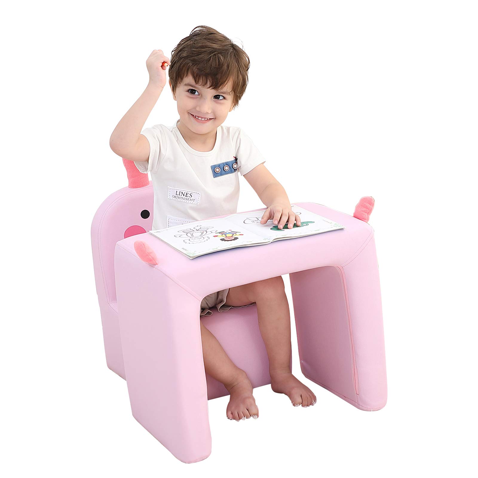 Emall Life Multifunctional Kids Chair with Smiley Face - Convertible Toddler Chair & Table Set, Pink Bunny Stool for Boys and Girls - Perfect for Playroom, Bedroom or Classroom Use