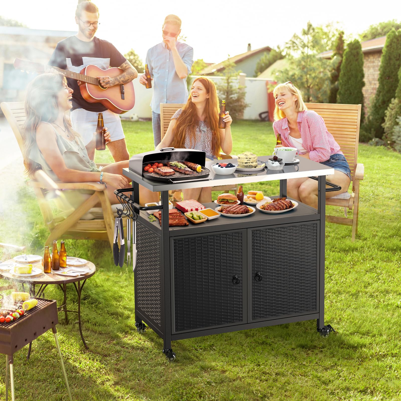 Outdoor Storage Cabinet with Wheels - Stainless Steel Top Kitchen Island Cart for BBQ, Patio & Backyard - Perfect for Outdoor Entertaining, Grilling & Garden Storage