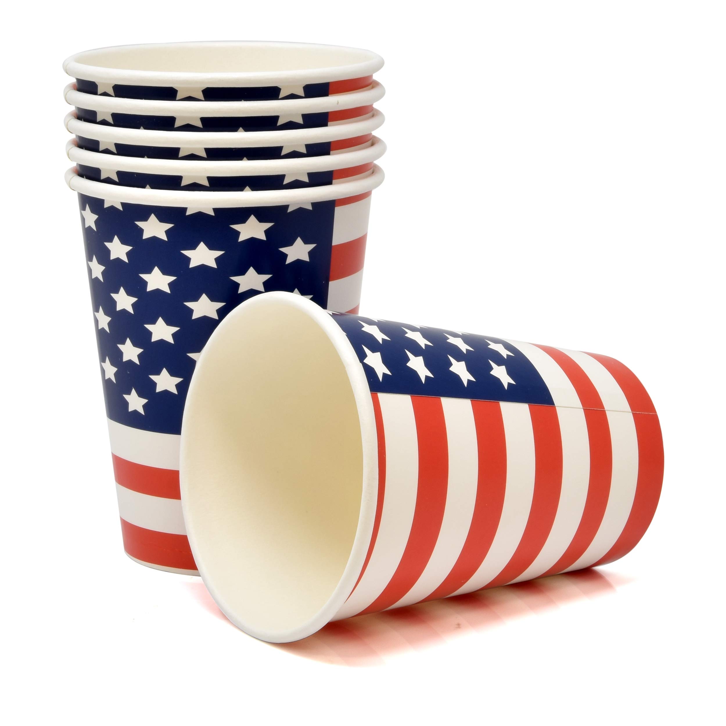 50 Patriotic Disposable Paper Cups 12 Oz - American Flag Themed Red White & Blue Stars & Stripes Party Cups for 4th of July, Memorial Day, Veterans Day - Perfect for BBQs, Picnics, Independence Day Celebrations and Patriotic Events