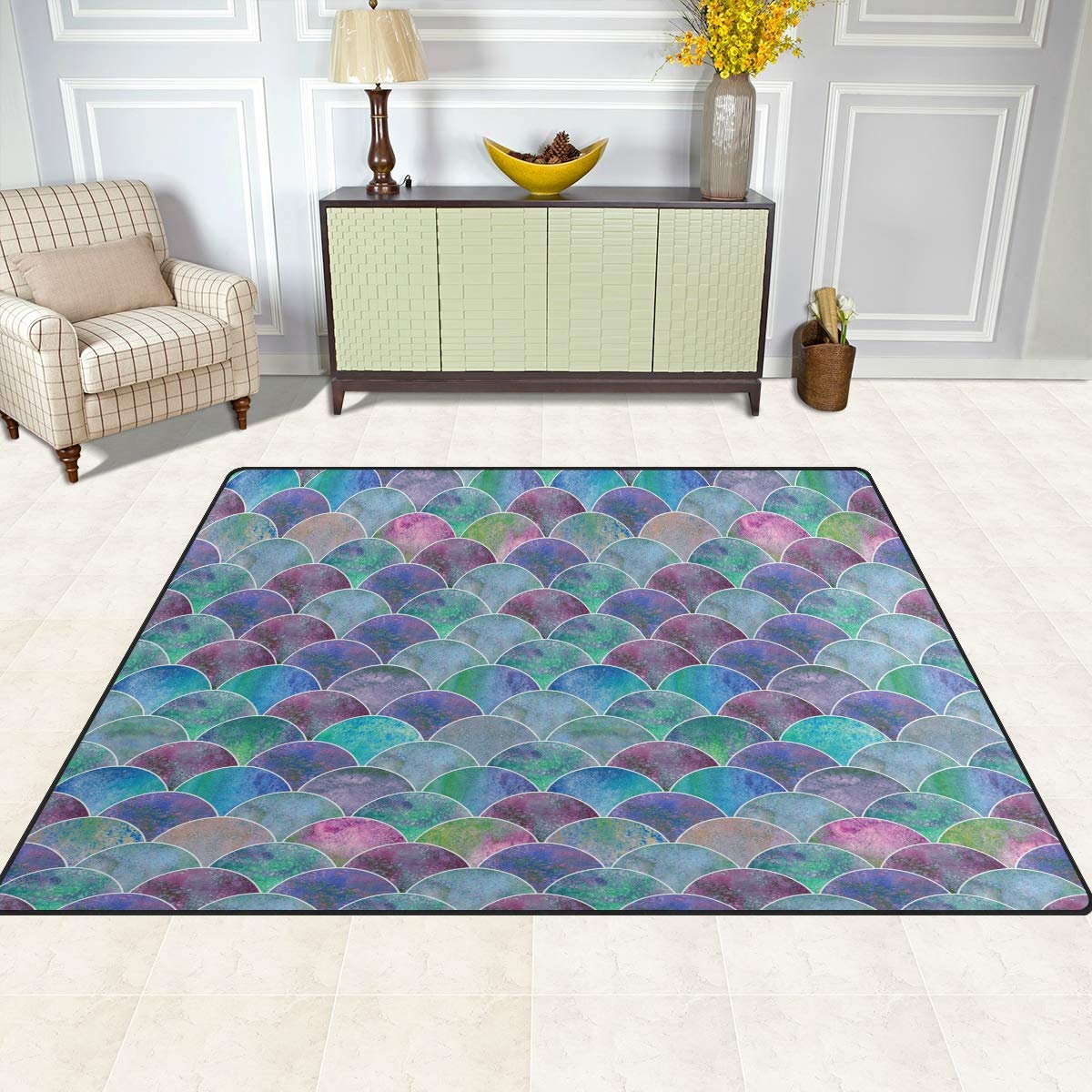 Mermaid Scale Area Rug 5x7 Feet - Soft Non-Slip Bedroom Rug for Girls Room Decor, Kids Playroom & Nursery Floor Mat - Perfect for Teen Bedroom, Dorm Room & Fantasy Themed Spaces