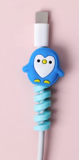 Spiral Charging Cable Protector - Animal Theme (Penguin) - Phone Cable Holder, USB Cord Organizer, Mouse Charger Clip - Perfect for Home, Office, and Travel Use
