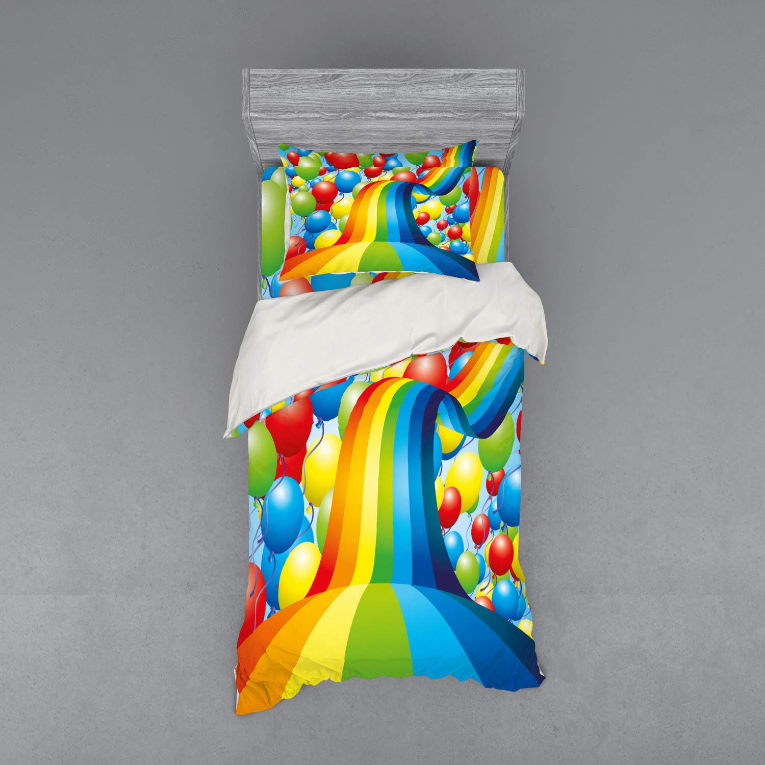 Ambesonne Vibrant Balloons & Rainbow Ribbons Duvet Cover Set - 3 Piece Twin XL Bedding with Sham & Fitted Sheet - Birthday Party Decor, Kids Room, Special Event Celebration - Multicolor